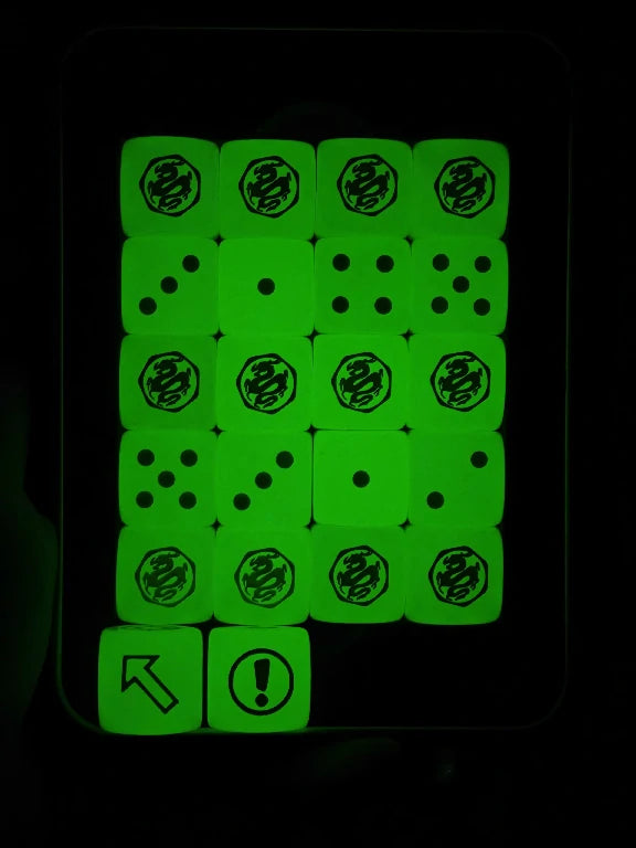 Warhammer 40K Glow-in-the-Dark Bright Green Acrylic D6 Dice with White Pips (Set of 20), plus one Scatter Die and one Exclamation Mark Die | Bear Dice