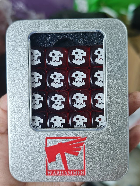 16mm Warhammer 40K Ork-Themed Red Transparent Acrylic D6 Dice with White Pips; Ork Icon Engraved on the '6' Face | Bear Dice