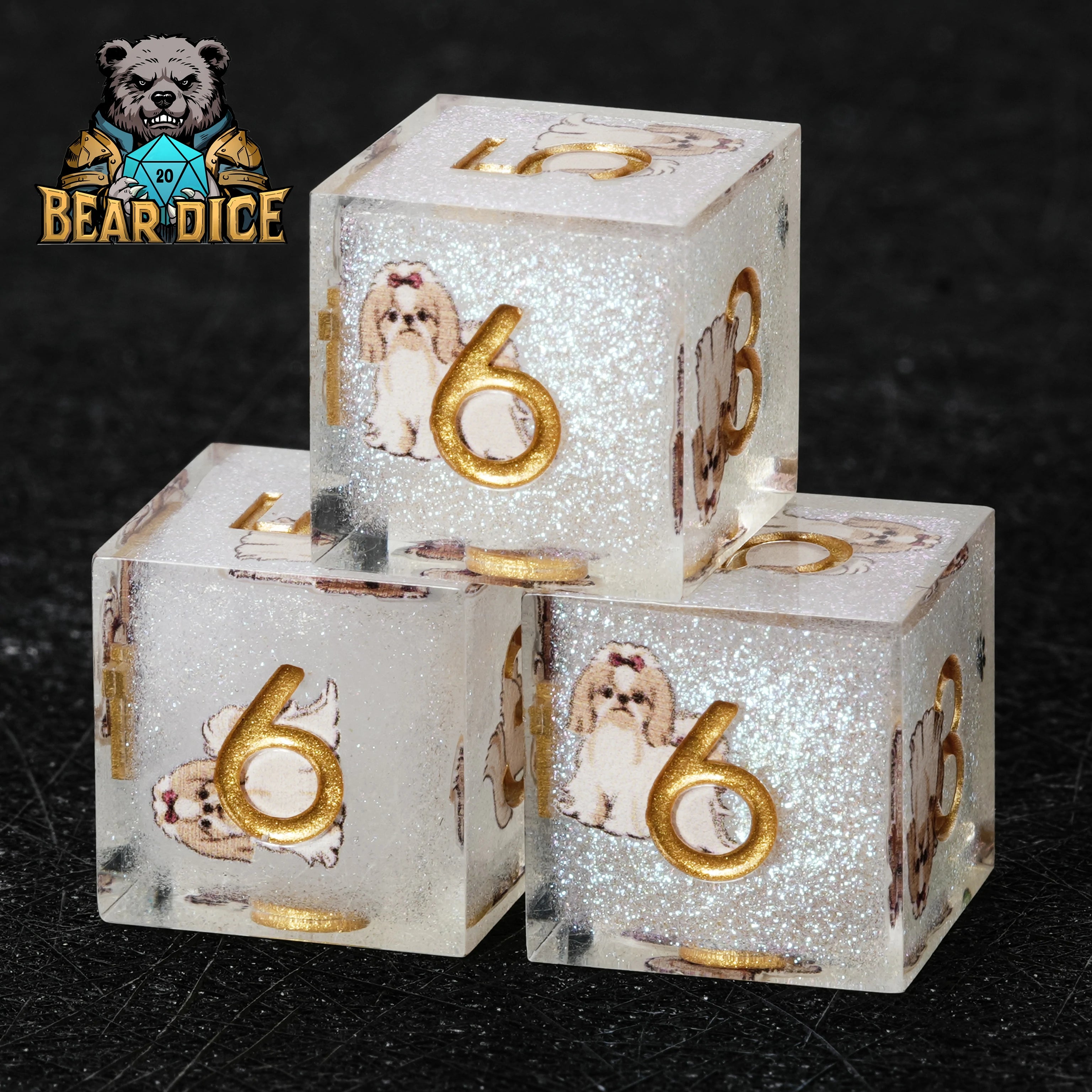 Shih Tzu White Resin D&D D6 Dice Set — Cute Dog Dice for RPG Games