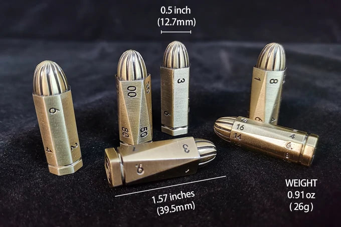 Cool Bullet Dice Set with Revolver-Cylinder Case | Metal RPG Dice