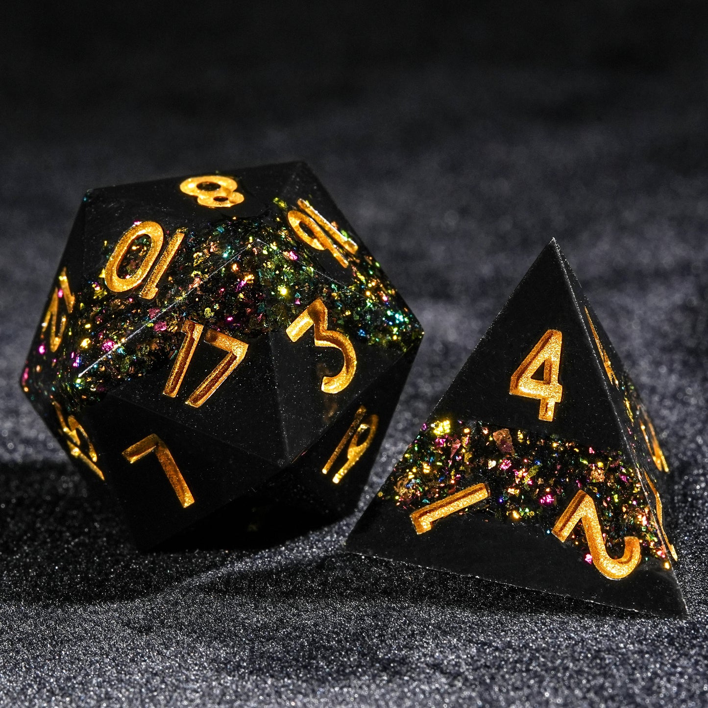 Tri-Color Gold Vein - Black resin dnd d20 dice +D4 dice+ gold lettering | Bear Dice