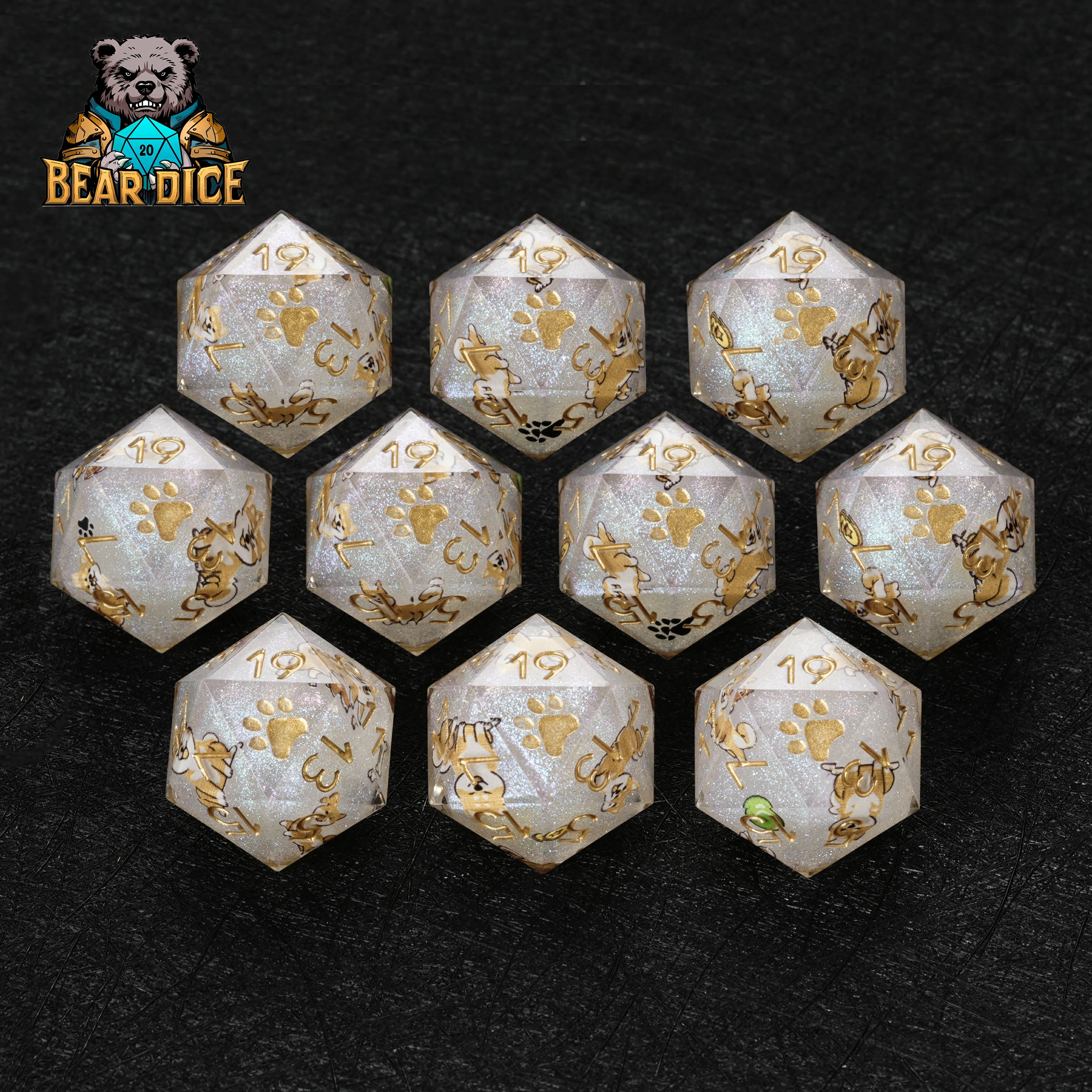 Shiba Inu White Glitter Resin DND D20 Dice | Single D20 for RPG