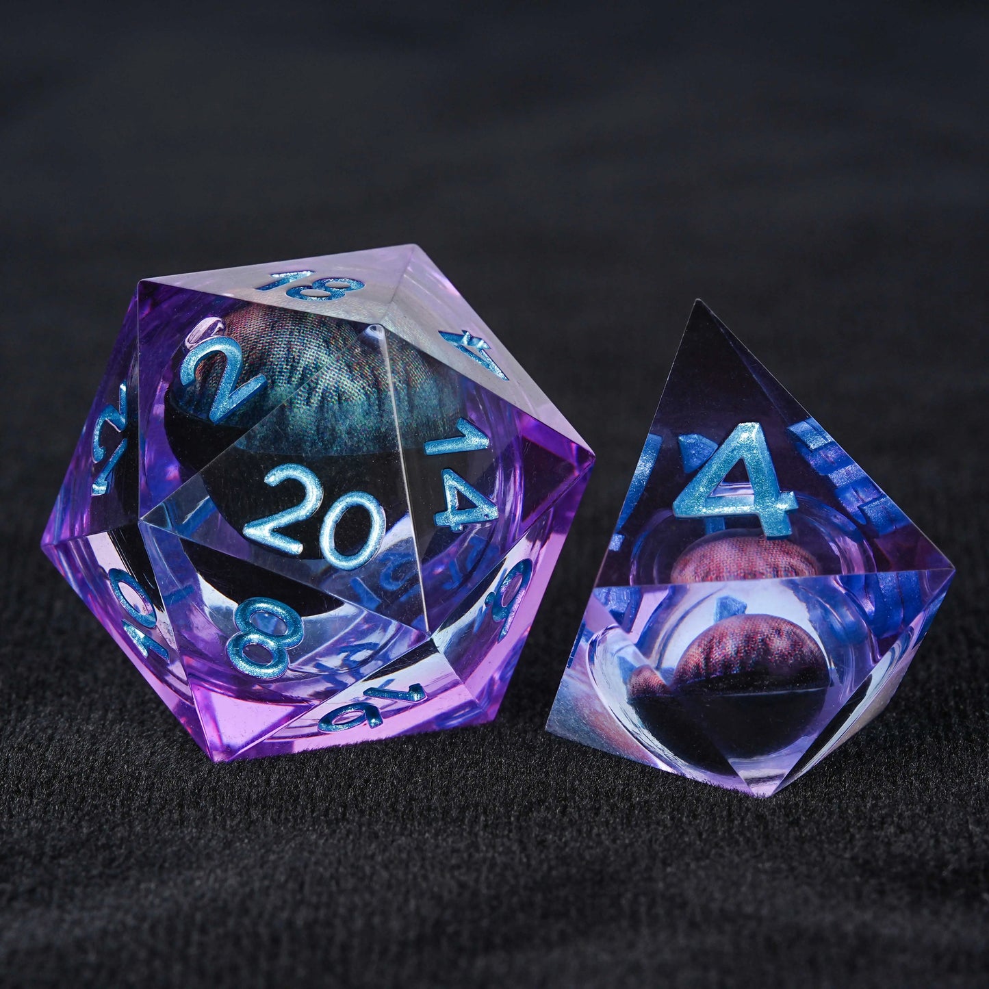 Purple Resin Dragon Eye DND D20 Dice + D4 Dice + Blue Font | Bear Dice