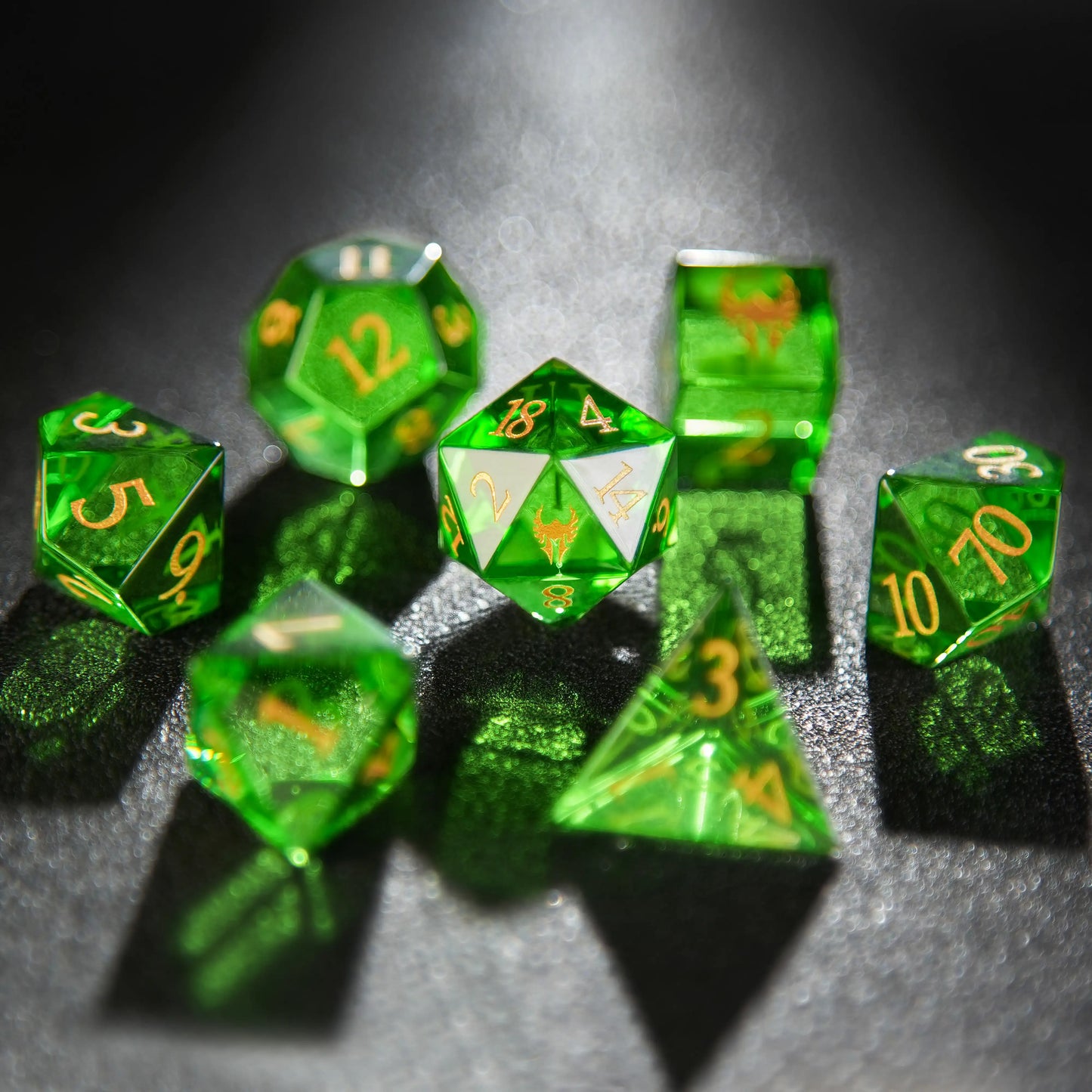 Green Dragon Shadow Natural Gemstone DND Dice Set + Gold Numbers | Bear Dice