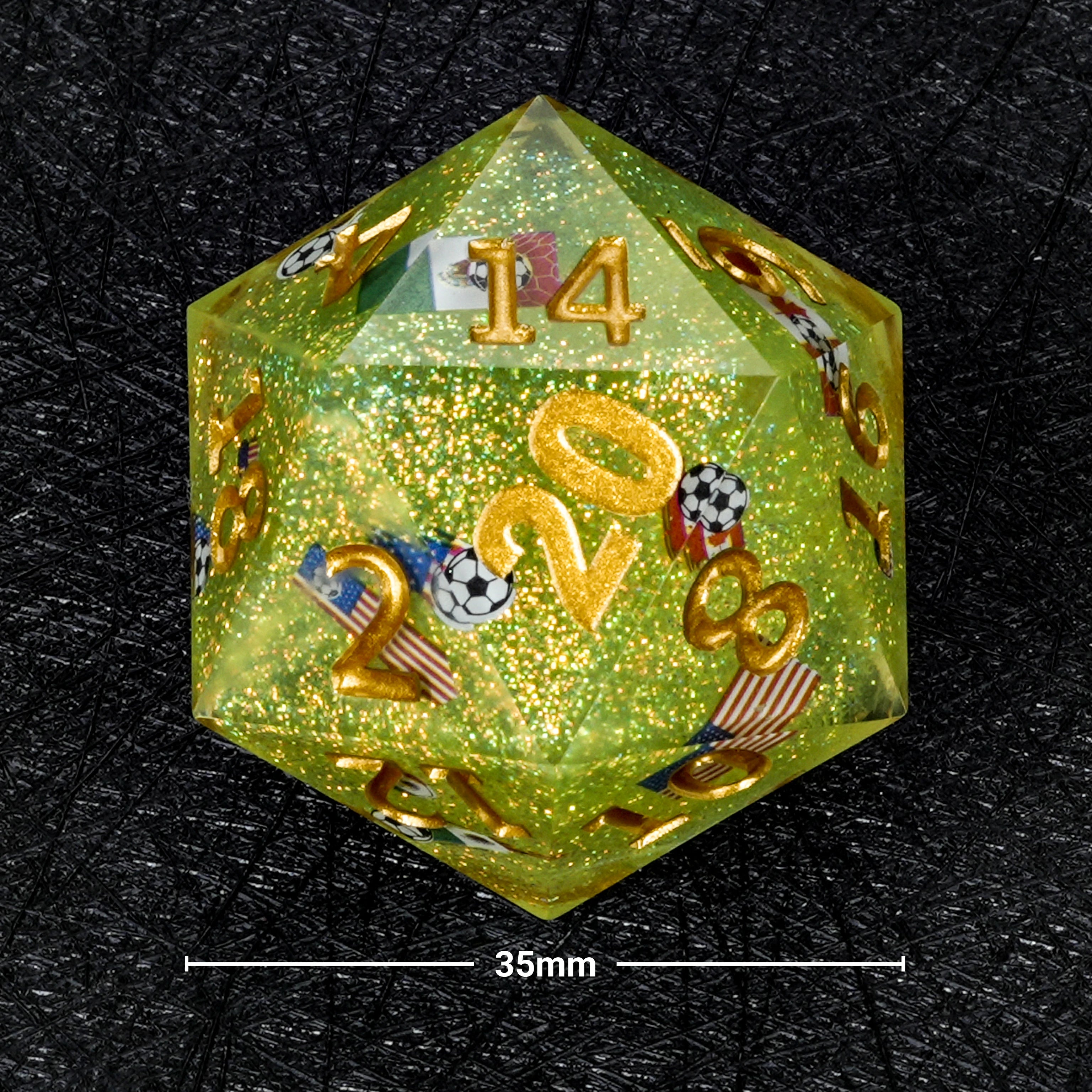 35mm World Cup Giant D20 Dice – Green Glitter Resin Soccer DND Dice (USA/Canada/Mexico)