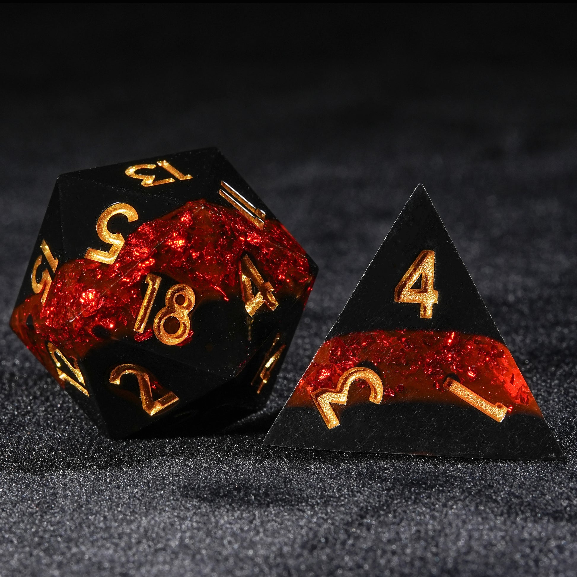 Red Flame River of Stars - Black Resin DND D20 Dice + D4 Dice + Gold Font | Bear Dice