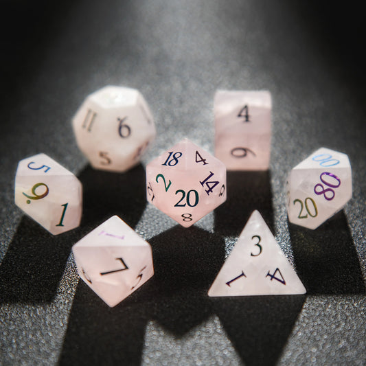 Pink Frosted Crystal Stone D&D Dice Set Colorful Font | Bear Dice