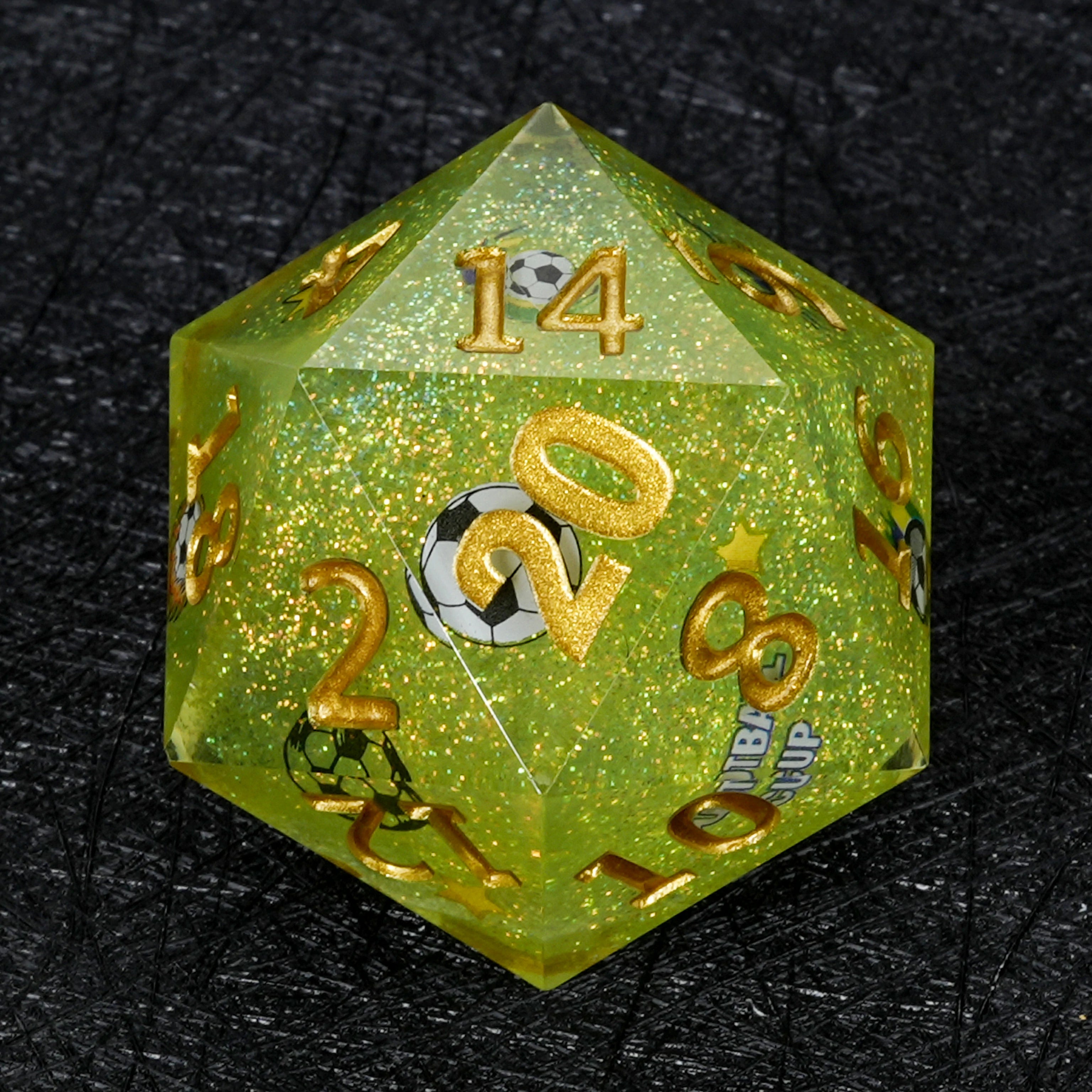 35mm World Cup Brazil Soccer Green Glitter Resin D20 Dice