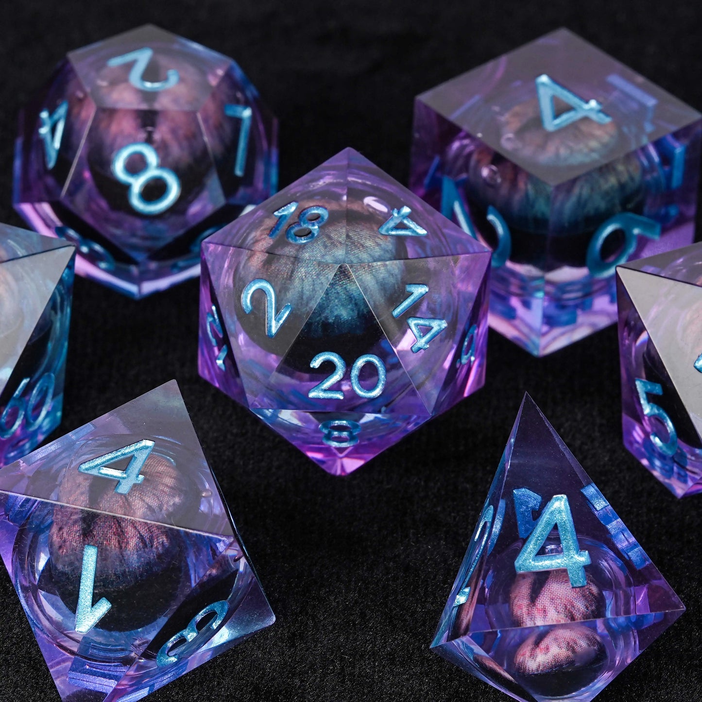 Purple Resin Dragon Eye DND Dice Set + Blue Font | Bear Dice