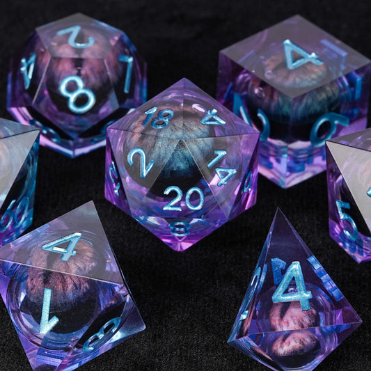 Purple Resin Dragon Eye DND Dice Set + Blue Font