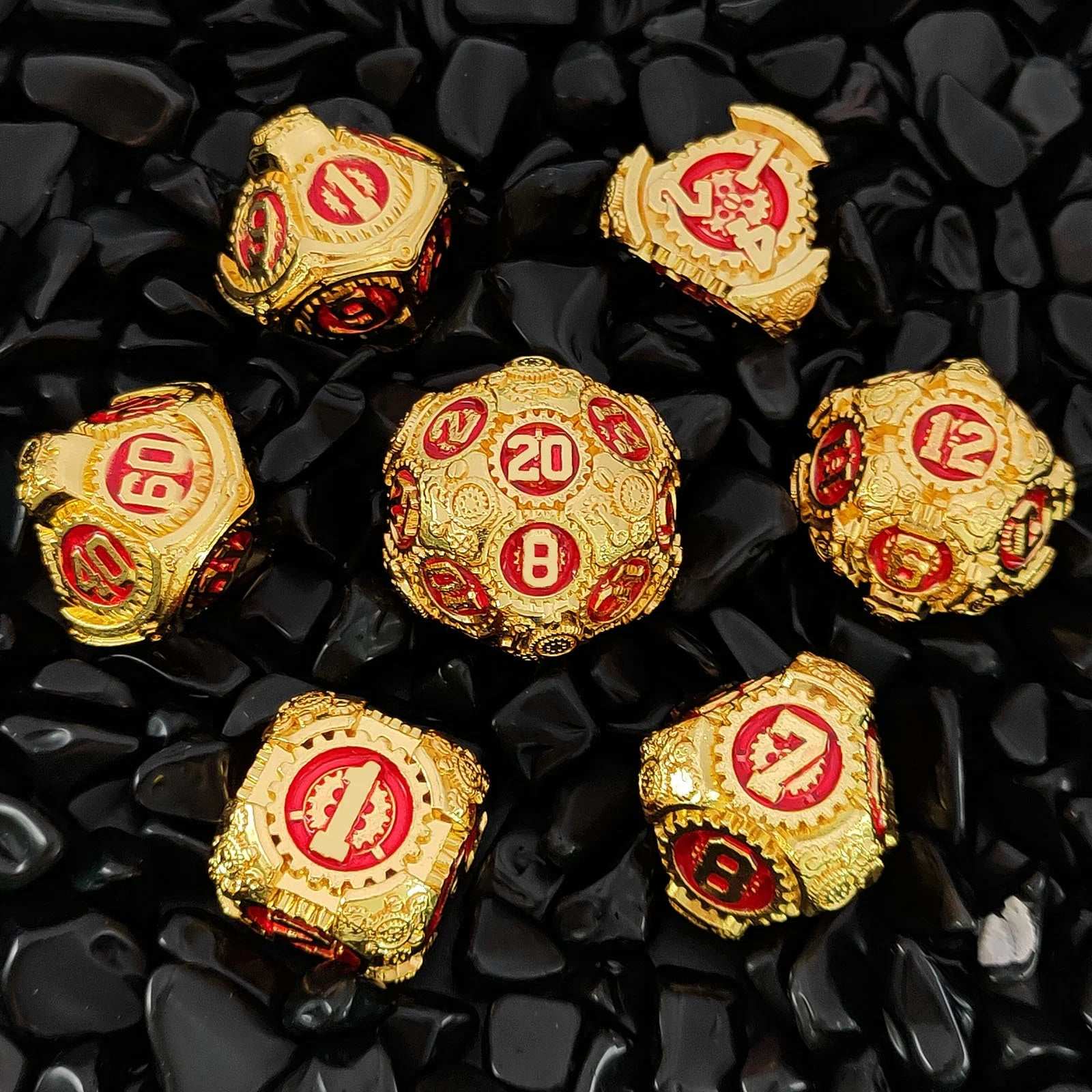 Age of Steam - Gold Gear Metal Dice Set Faux Gold Red | Bear Dice