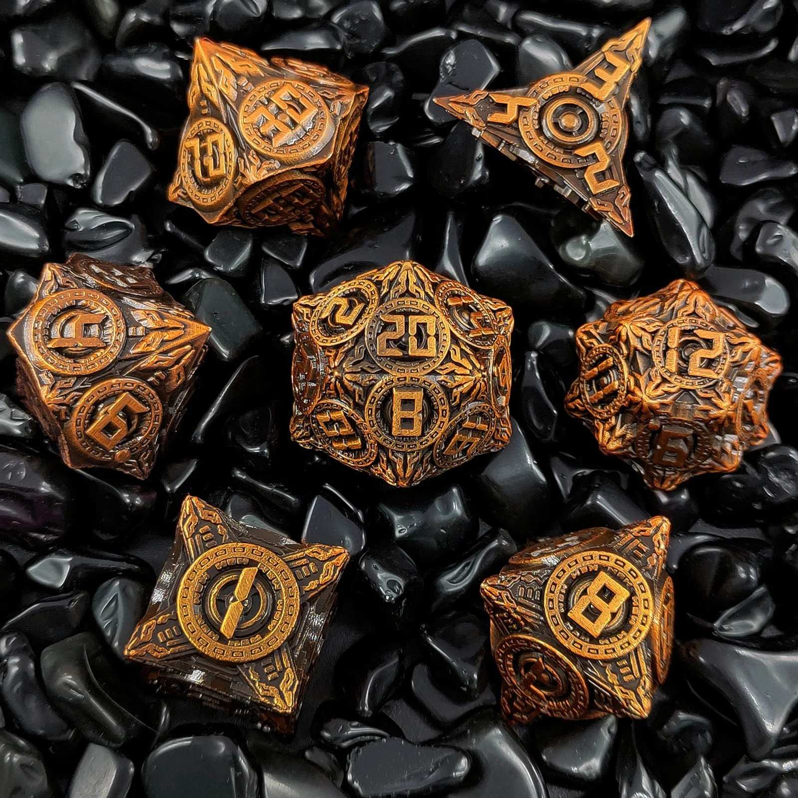 UFO Elements - Solid Metal DND Dice Set Ancient Gold +Embossed gold numbers | Bear Dice