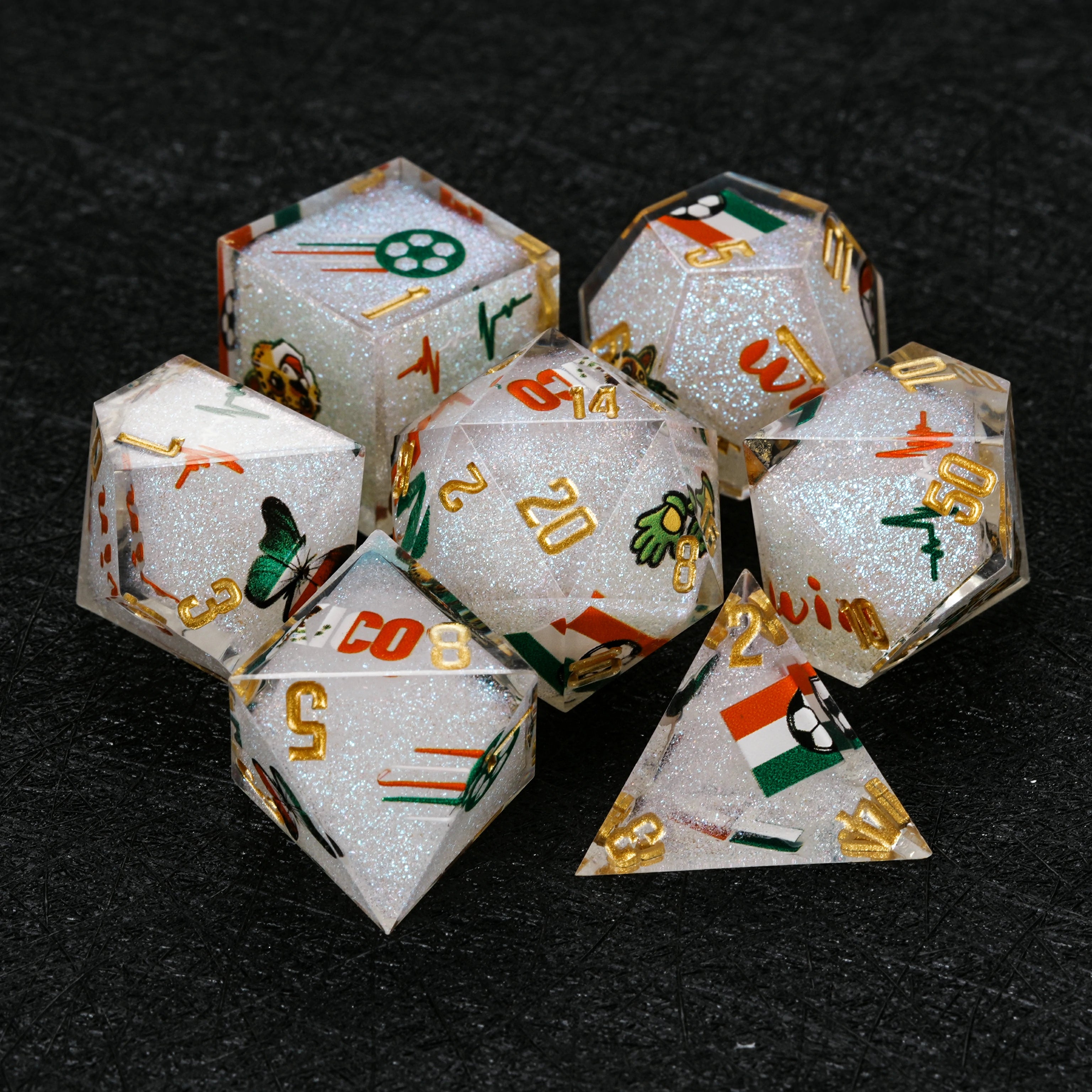 Mexico Soccer DND Dice Set – World Cup Glitter Resin Polyhedral Dice for RPG
