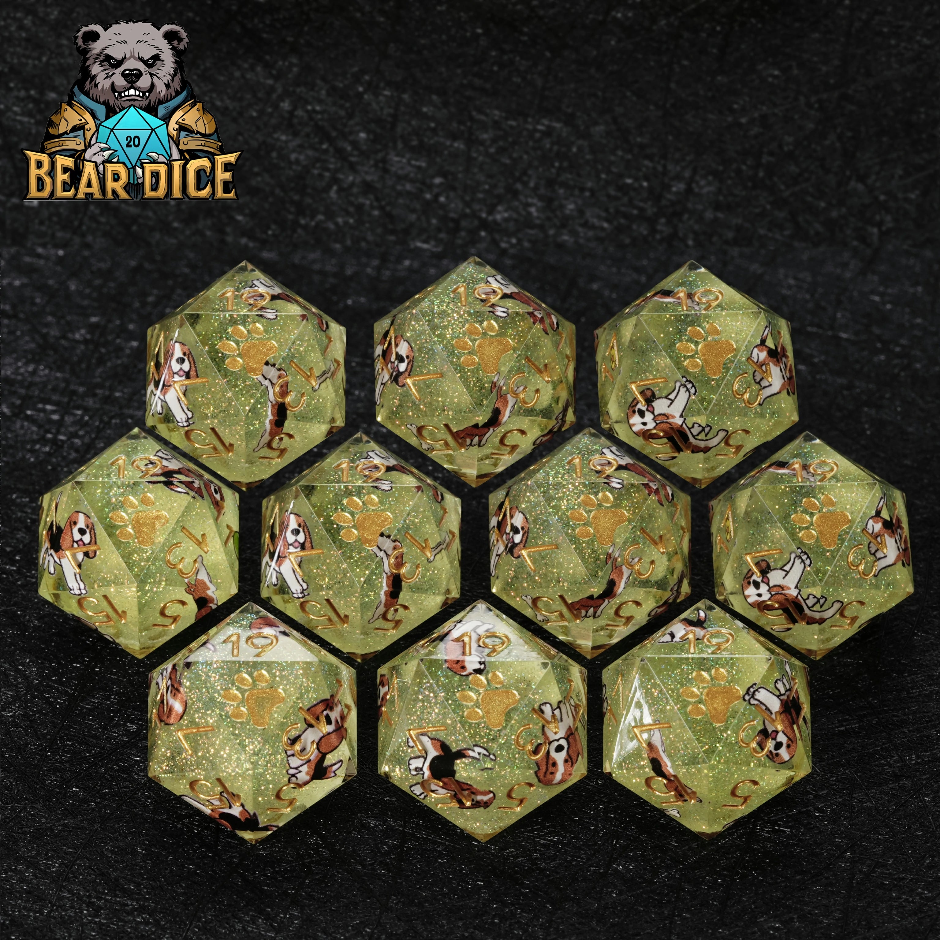 Beagle Green Glitter Resin DND Dice Set | 7-Piece RPG Polyhedral Dice for D&D & Tabletop Games