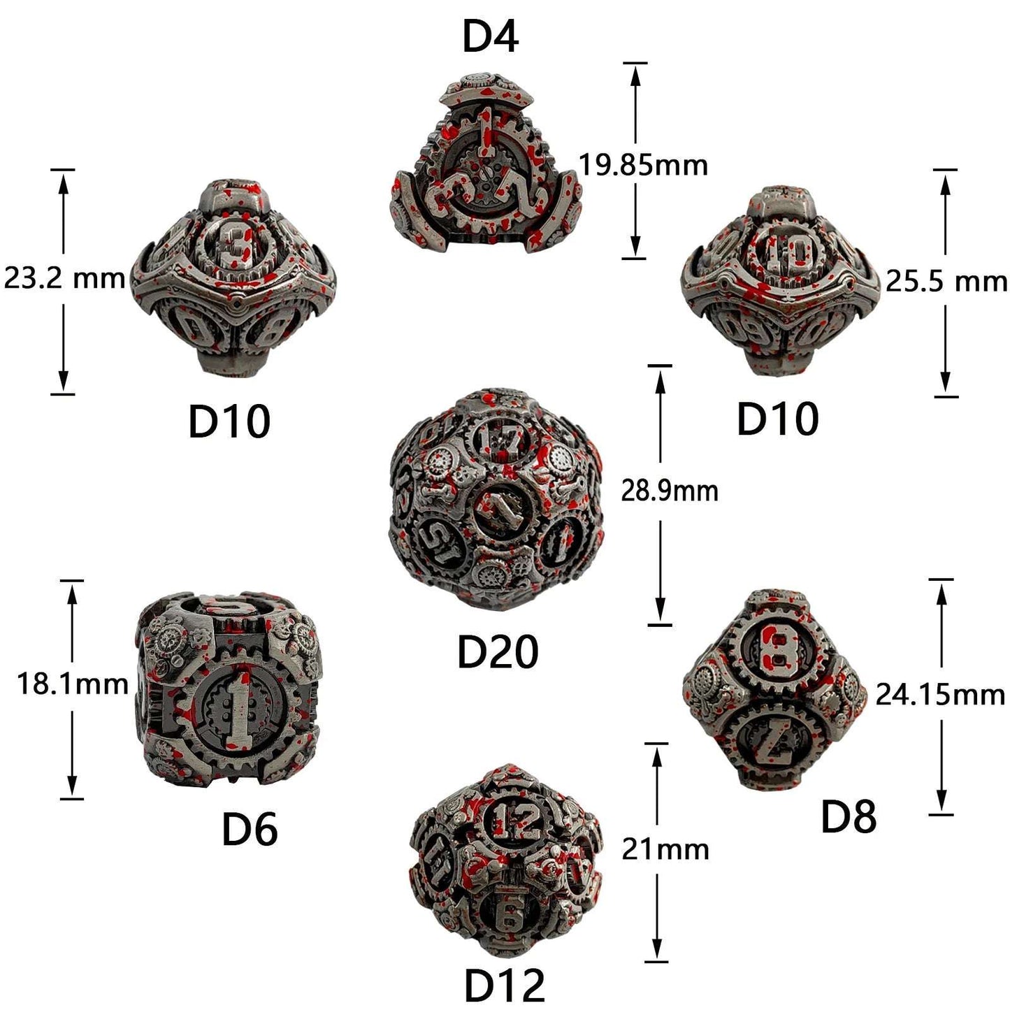 Mechanical gear theme rose gold case with emerald green digital metal dice set size chart | Bear Dice
 set