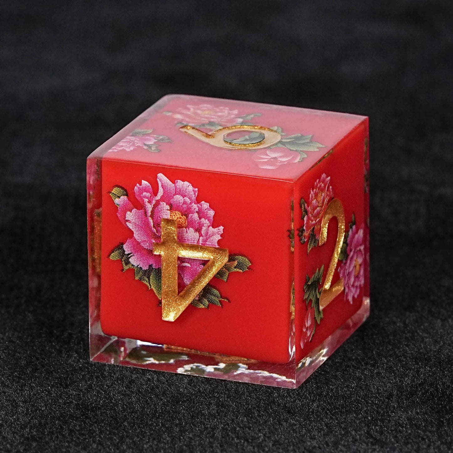 Red Peony Flower Resin DND D6 Dice + Gold Number | Bear Dice