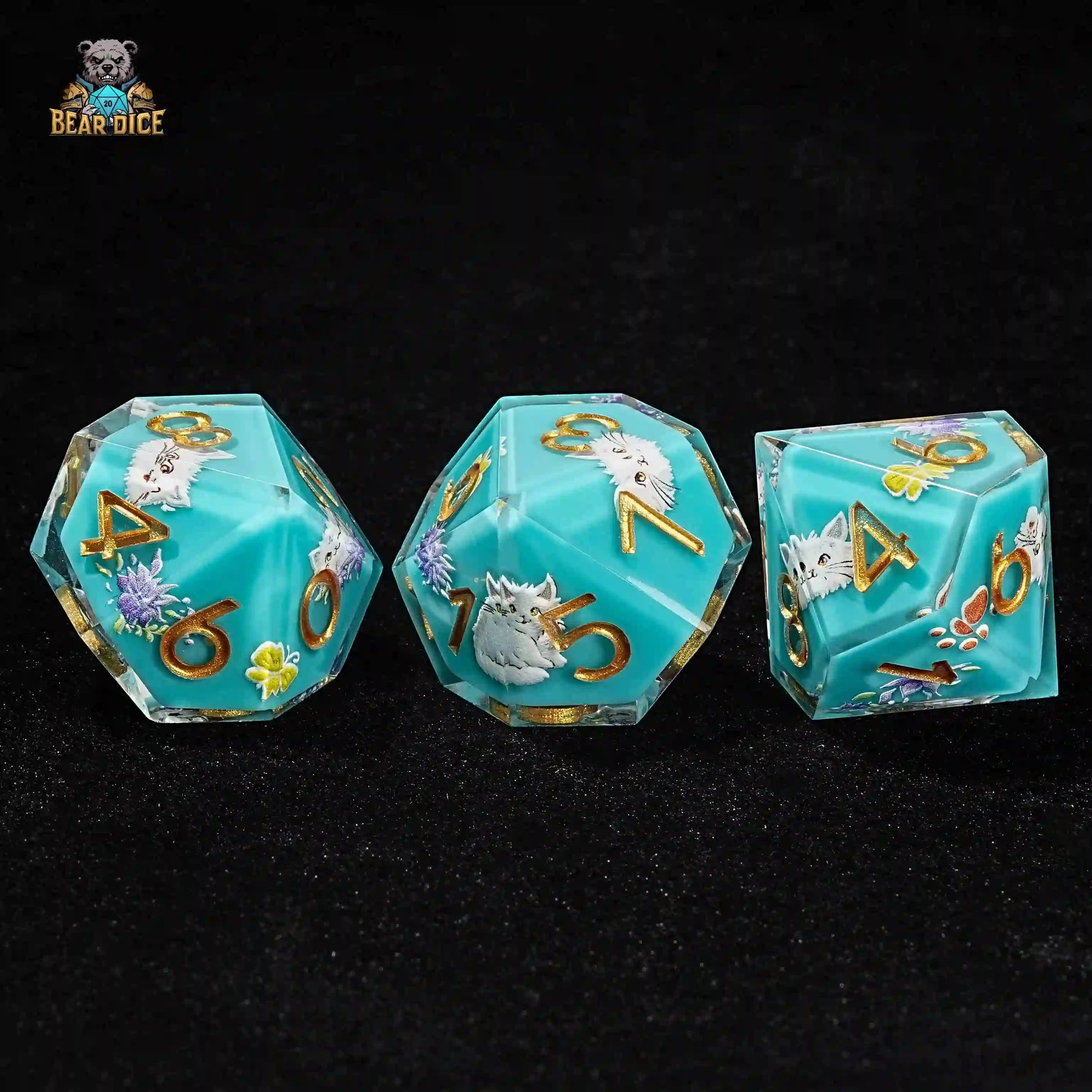 3D10 Blue Solid Resin Dice - Cute Kitty Cat | Bear Dice