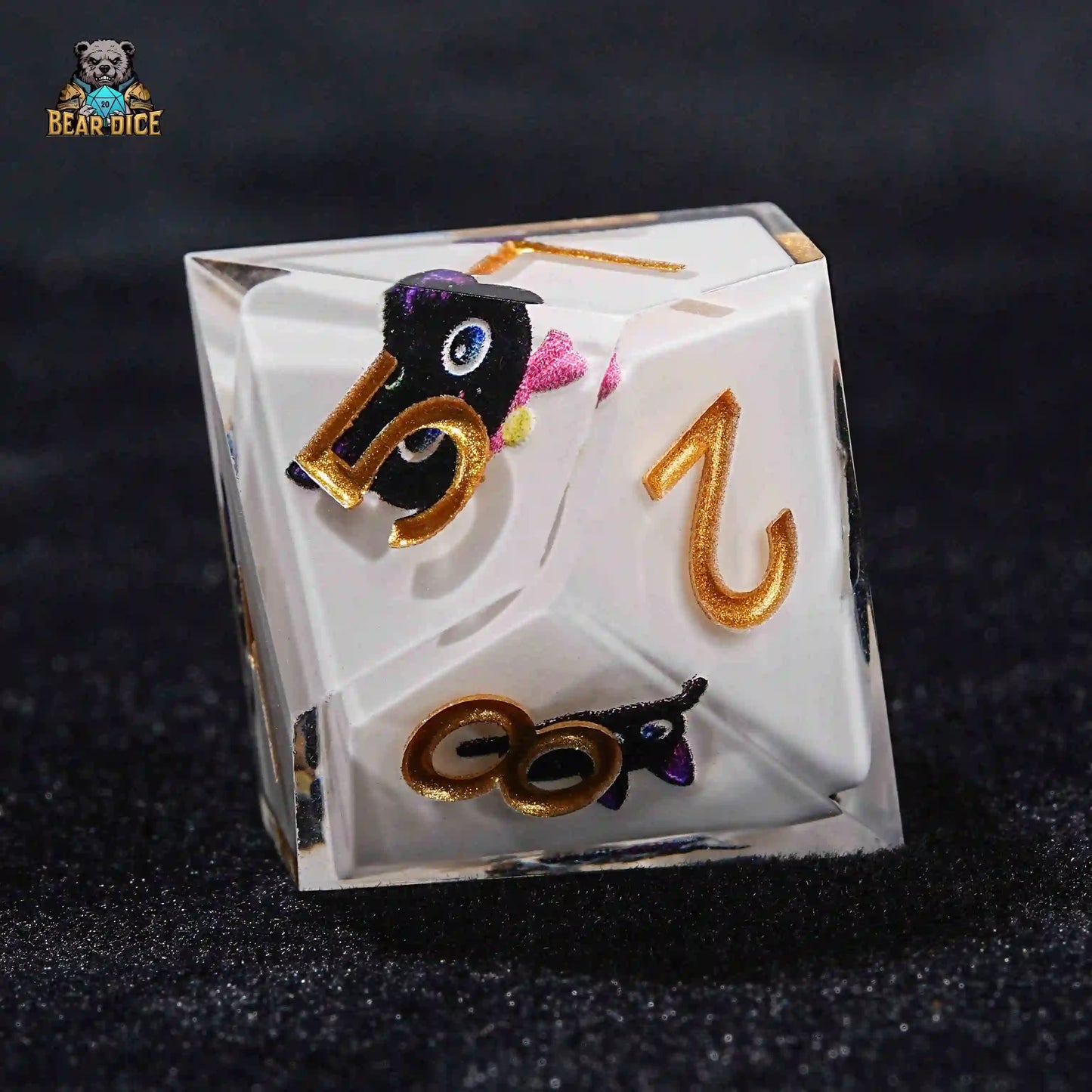 D10 Big Eye Cat White Resin D&D Dice | Bear Dice