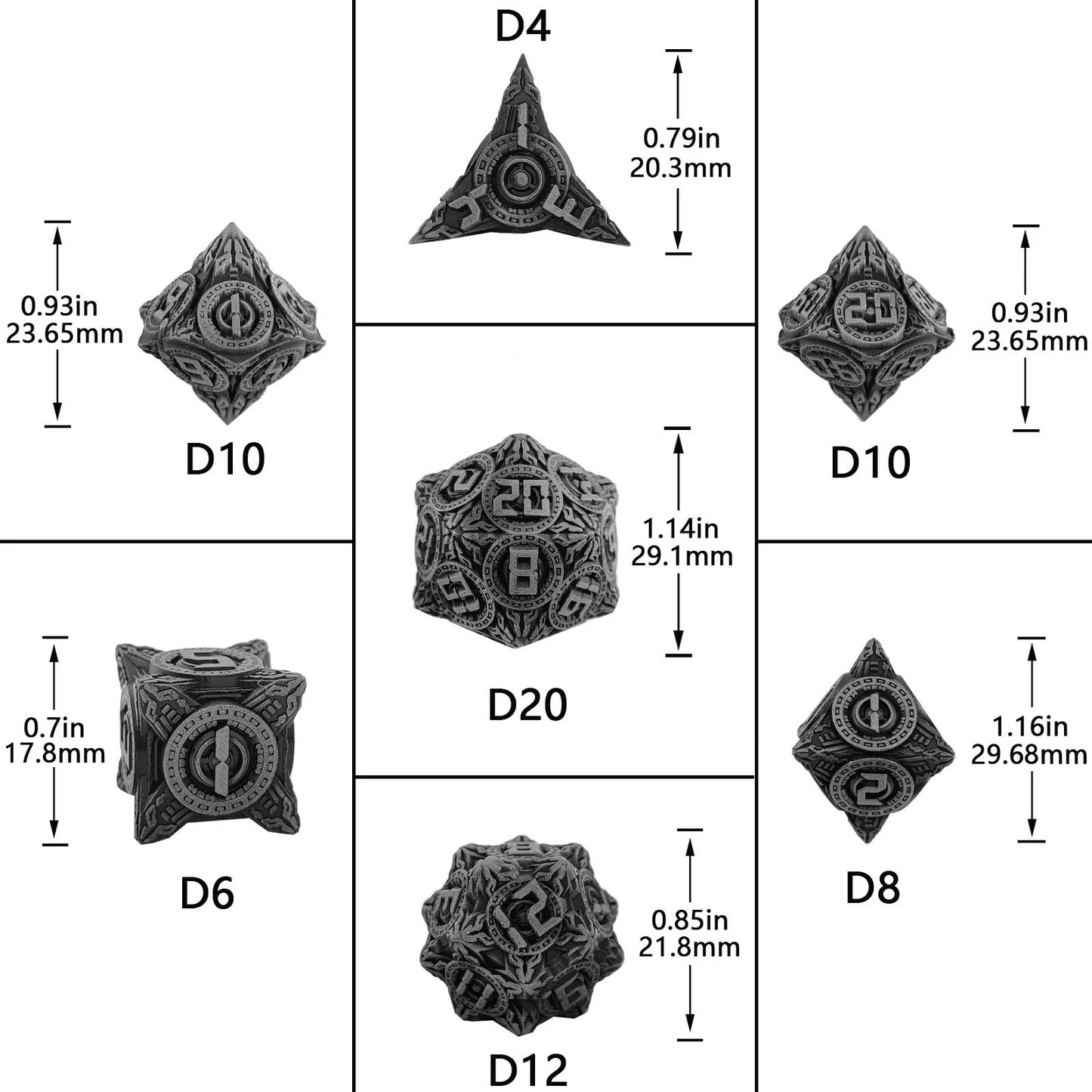 UFO mechanical style metal dice set with blood stains Dimensions Chart | Bear Dice
