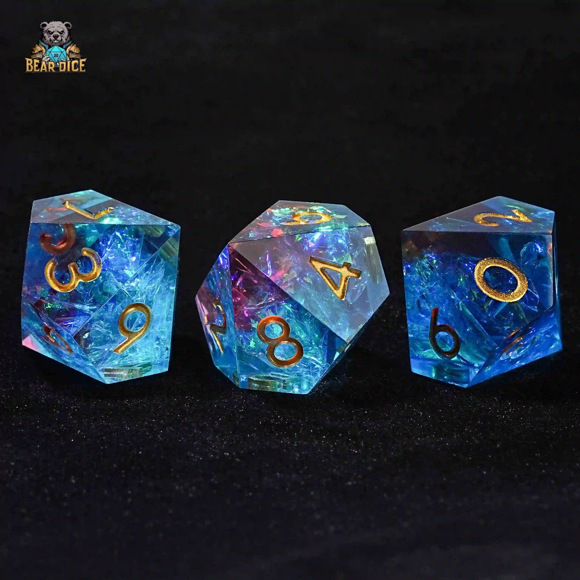 3D10 Fantasy Translucent Red Blue Resin D&D Dice - Gold Numbers | Bear Dice