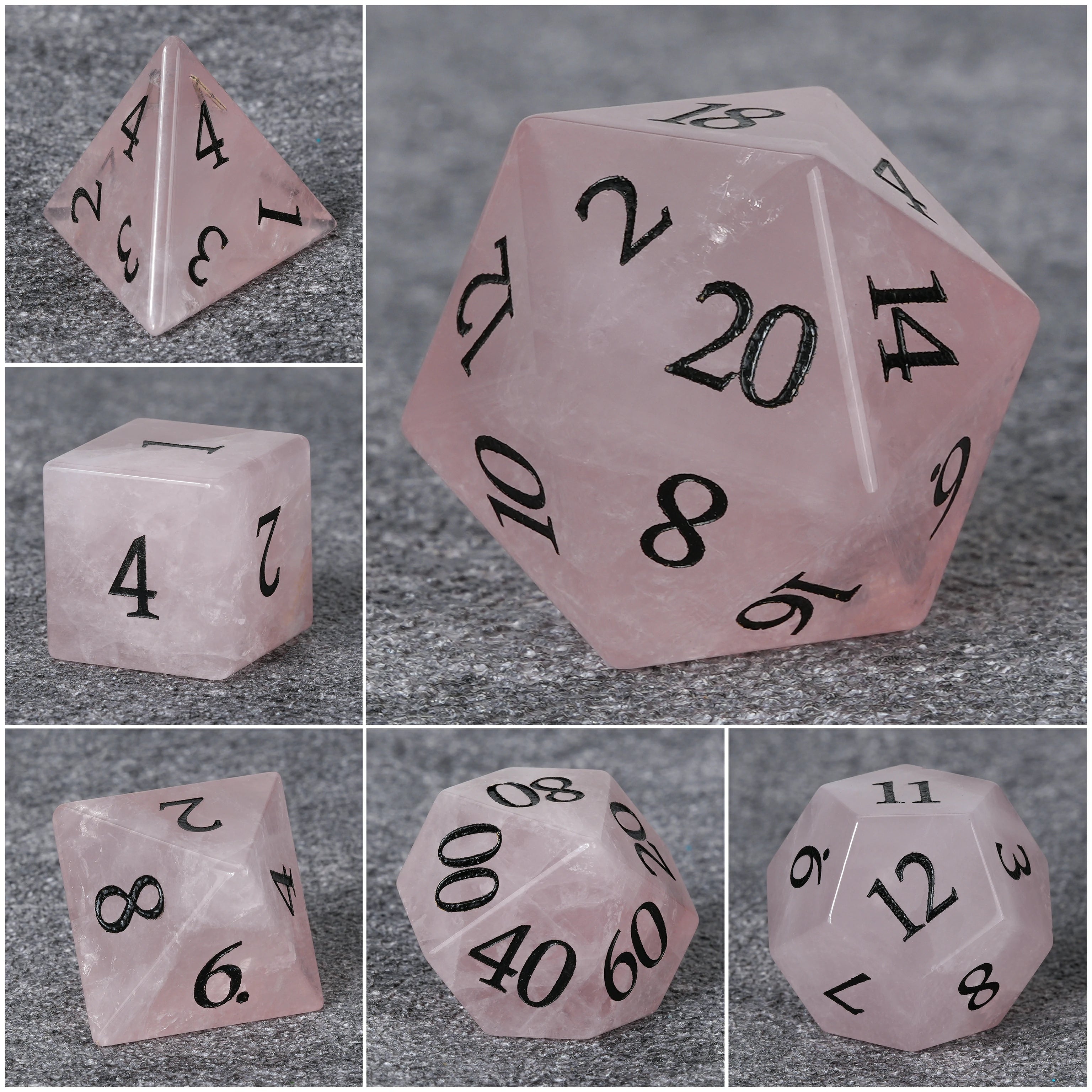 Rose Quartz Multi-Faceted Gemstone Dice Set with Black Numbers