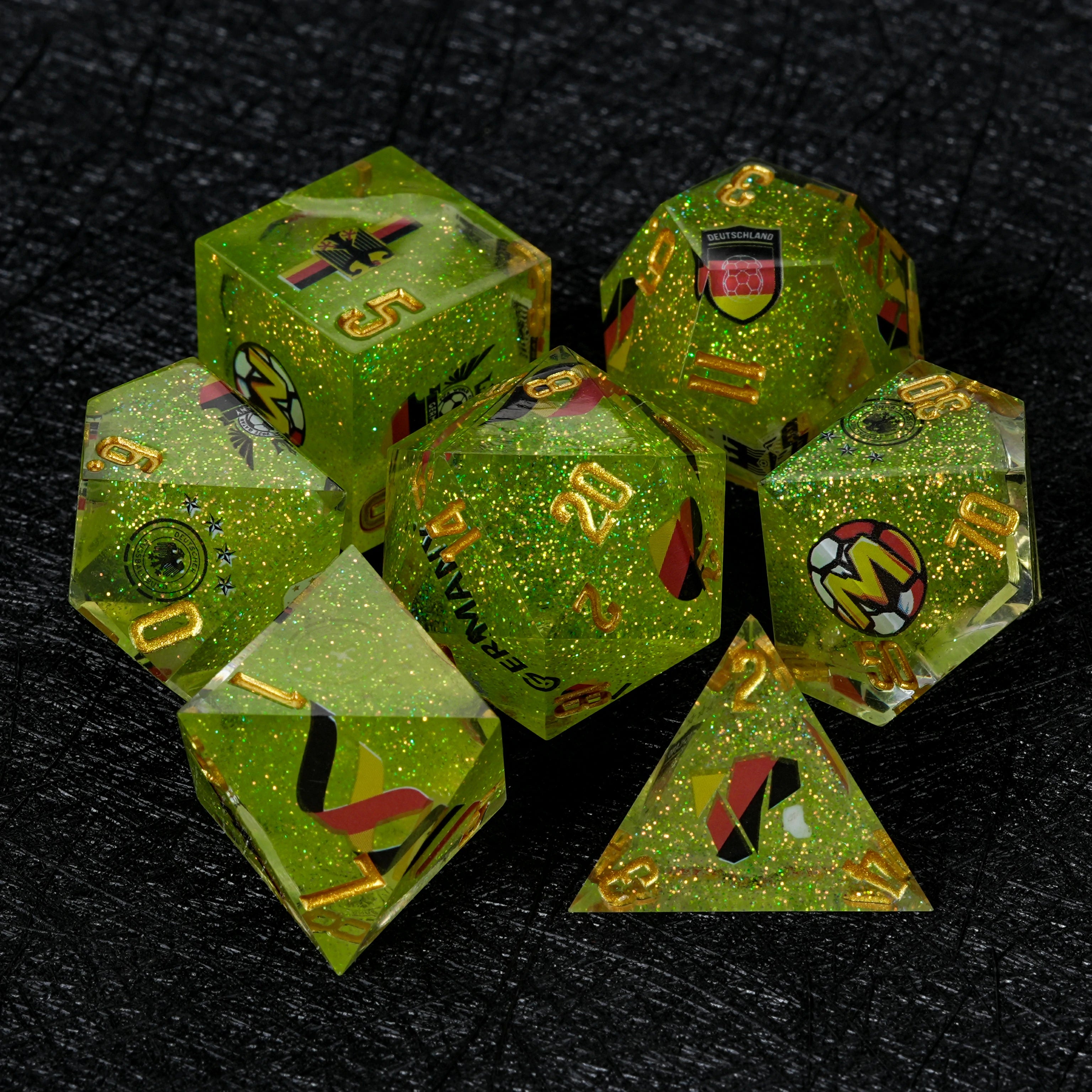 Germany Soccer DND Dice Set – World Cup Green Glitter Resin Dice for RPG