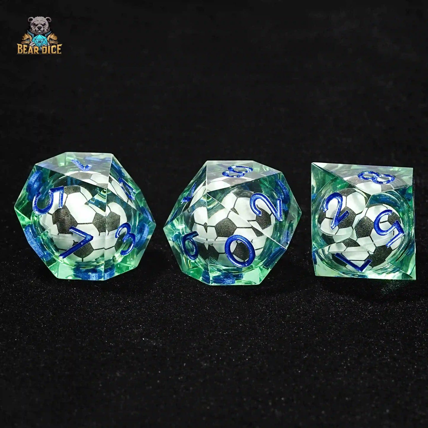 3 green transparent D10 resin dice: liquid core soccer ball design | Bear Dice