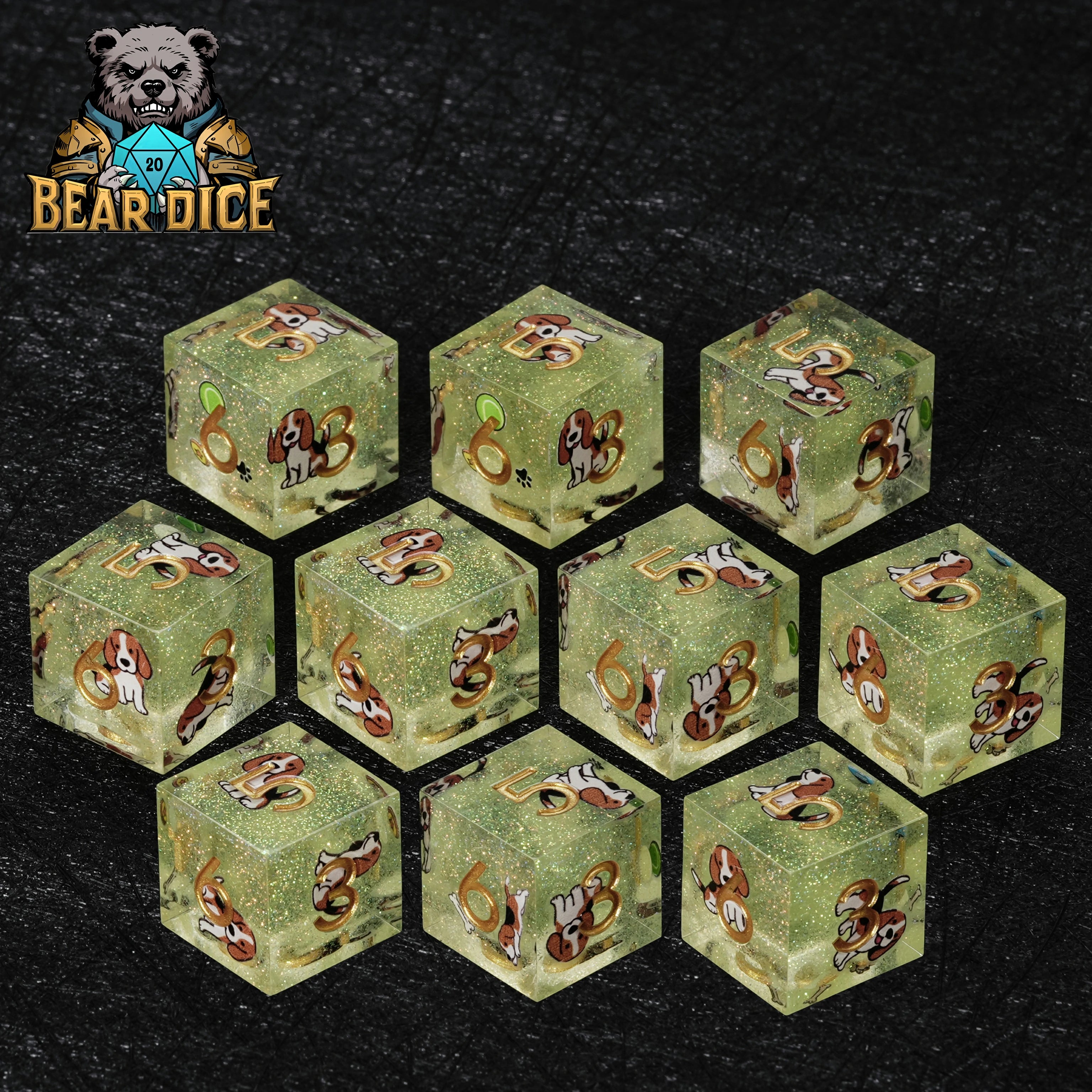 Beagle Green Glitter Resin DND D6 Dice | Single Six-Sided RPG Die