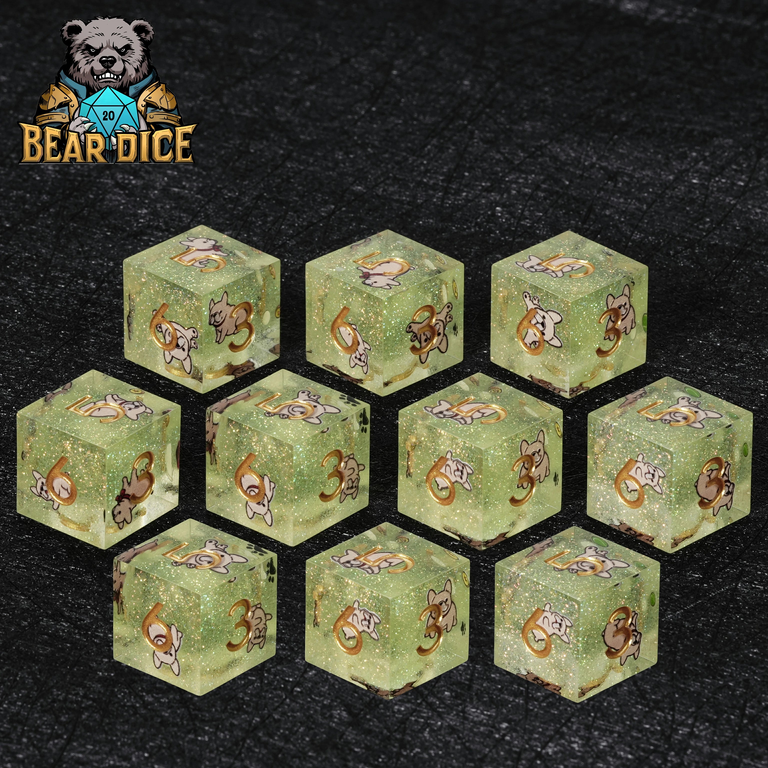 Bulldog Green Glitter Resin D&D D6 Dice | 6-Sided RPG Dice Set