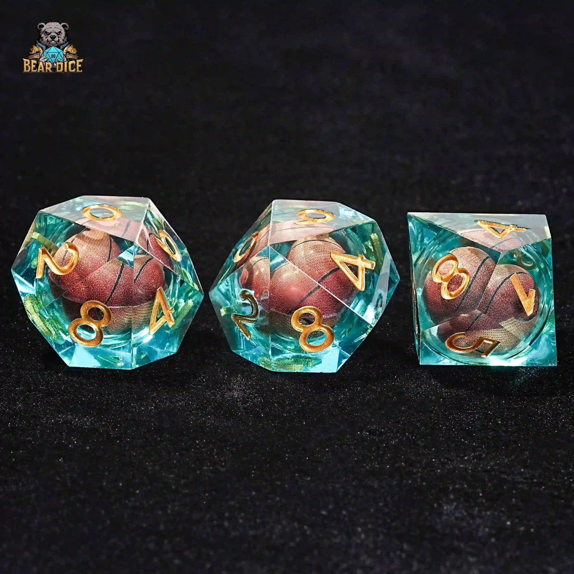 3 Blue Clear D10 Resin Dice - Basketball Liquid Core Designs | Bear Dice