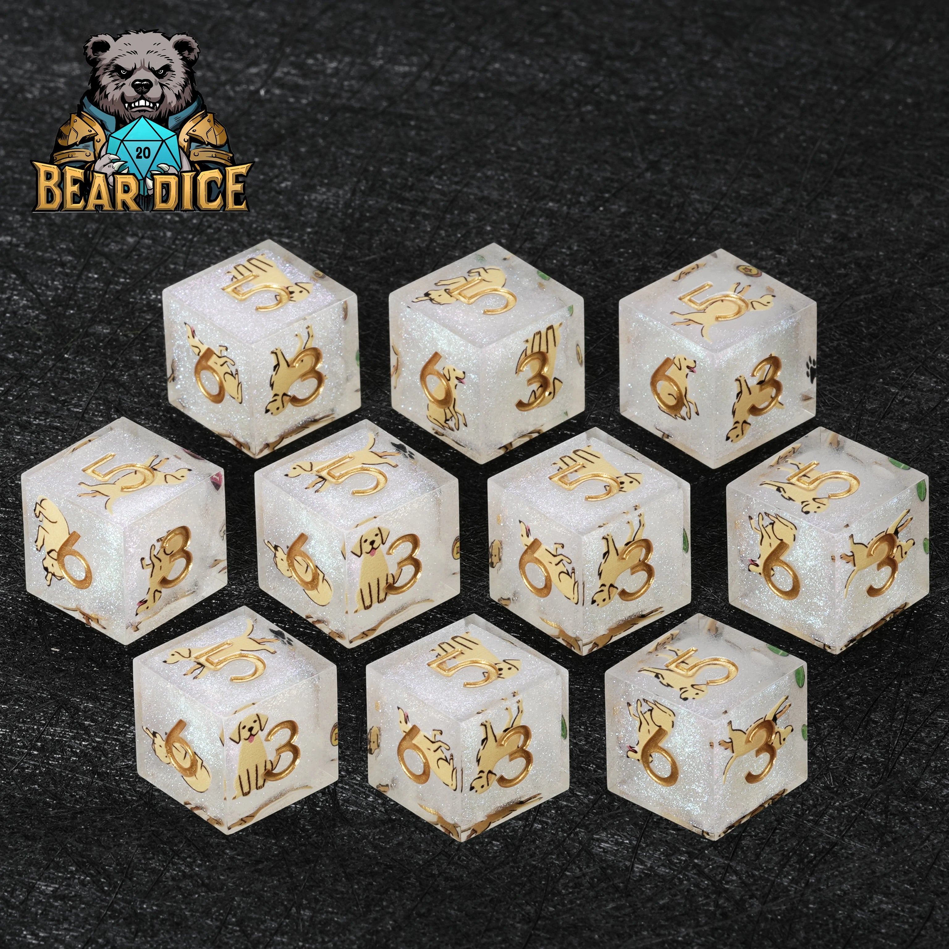 Labrador White Glitter Resin DND D6 Dice | Dog Dice for D&D RPG