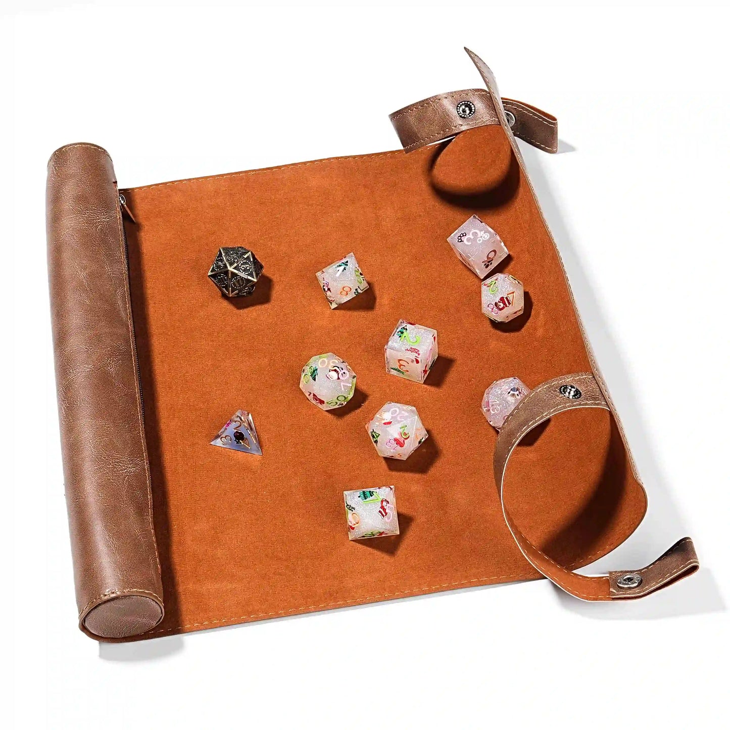 All in One Brown Leather Mat Tray Scroll DND Dice Box for Dungeons and Dragons, Gifts, D&D, D and D, Pathfinder, Accessories