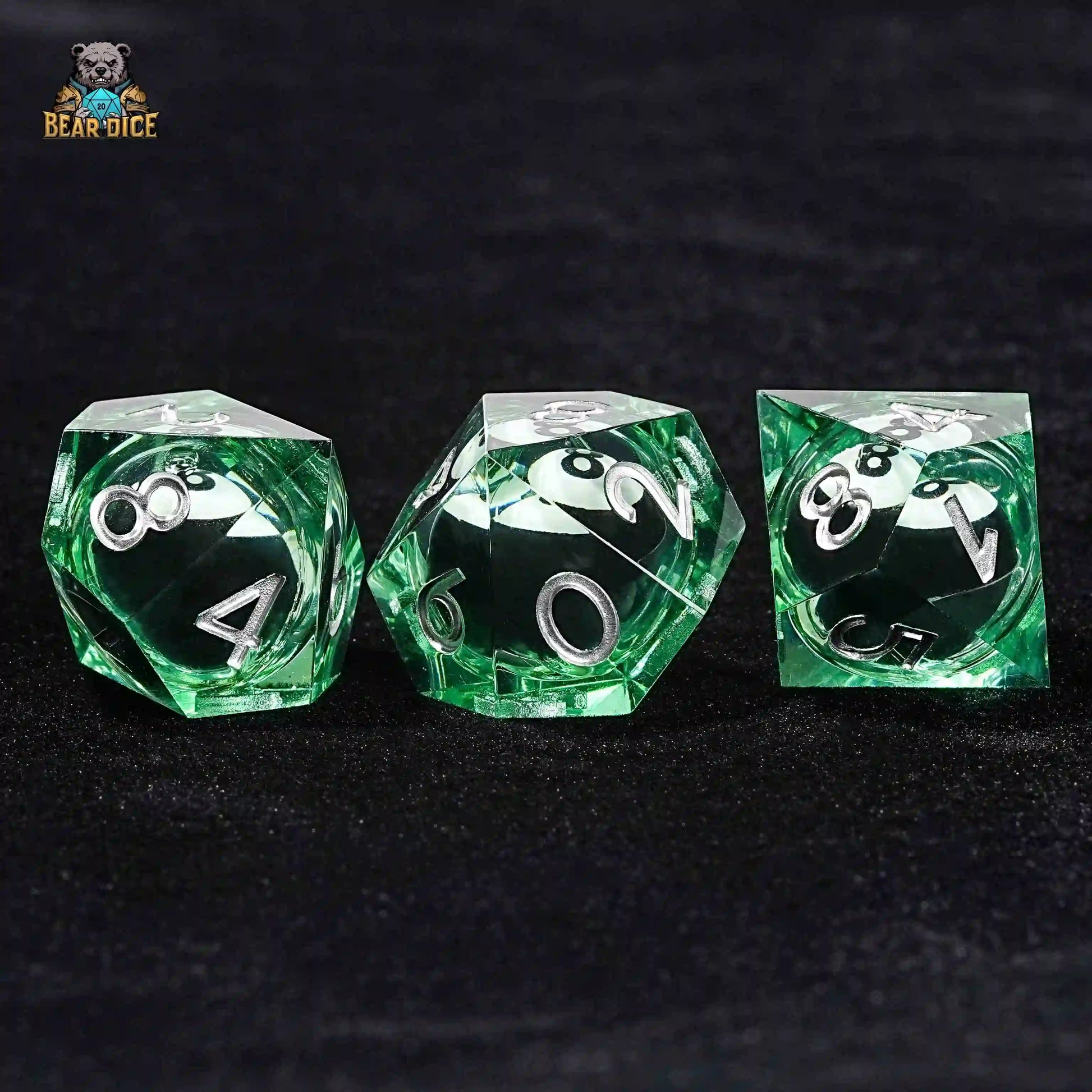 3 Green Transparent Resin D10 Dice - Delicate Billiards Liquid Core | Bear Dice