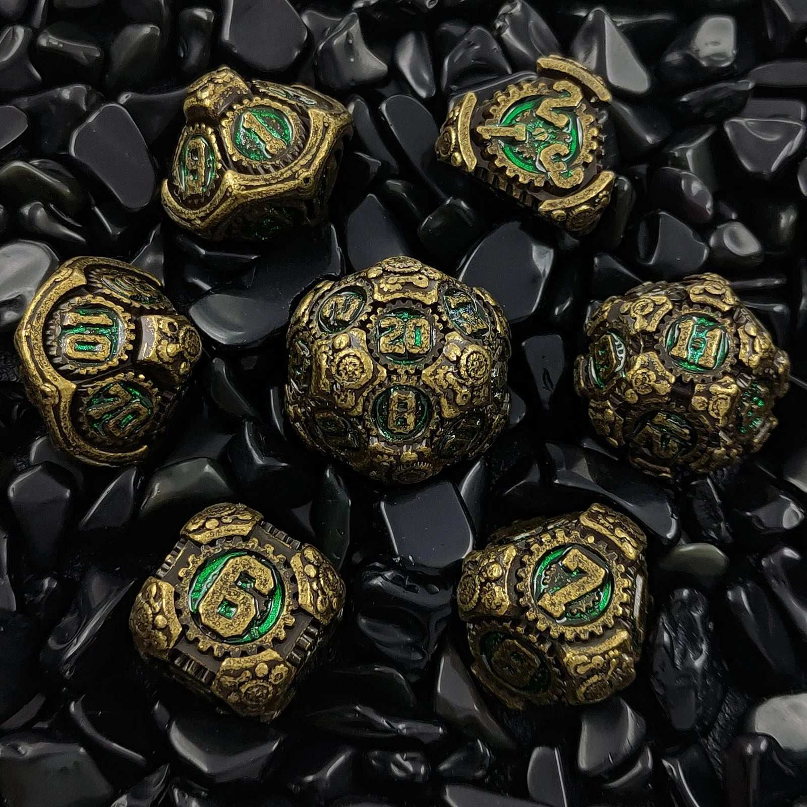 Green Mechanical Gear Metal DND Dice Set - Punk Style | Bear Dice