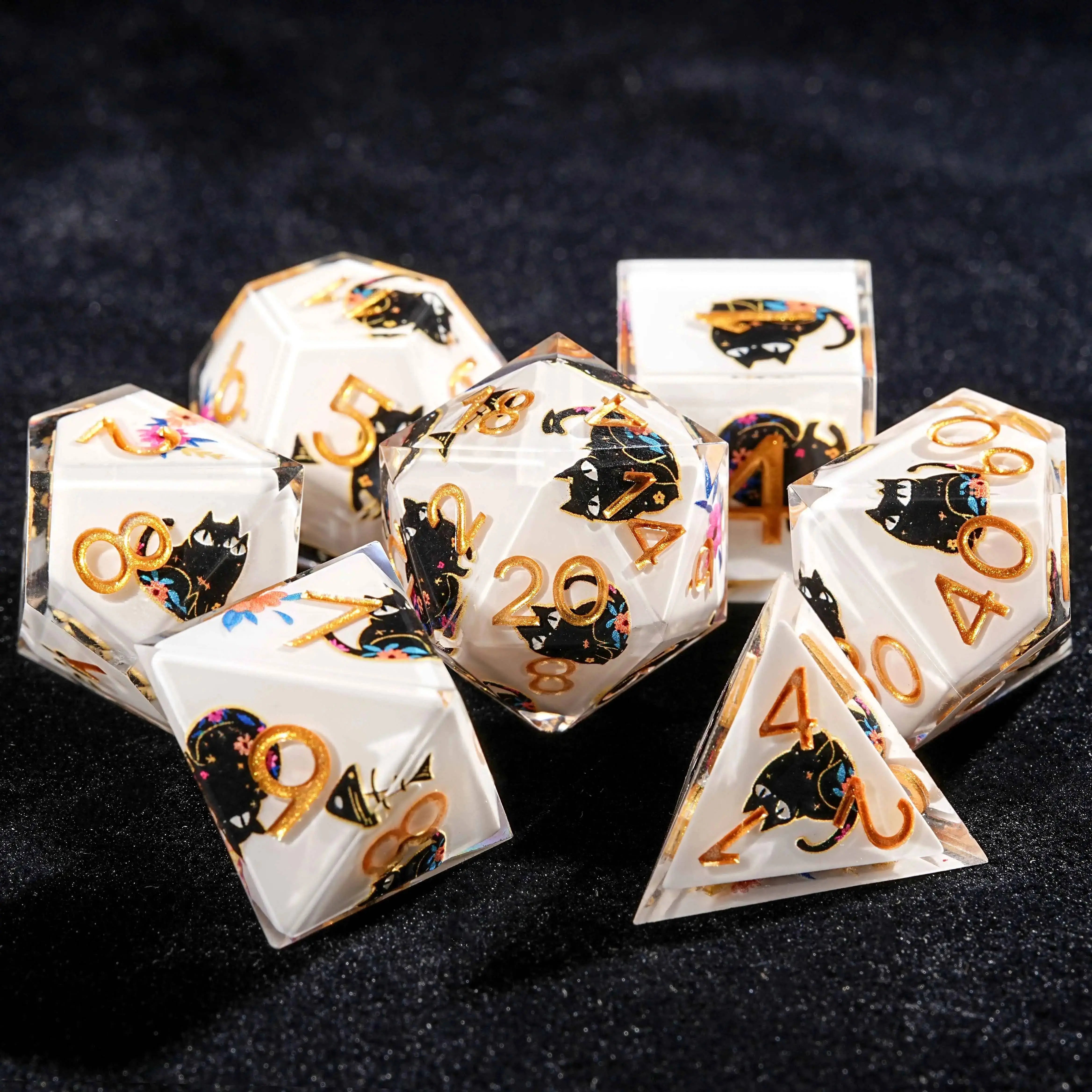 Egyptian Pharaoh Flowers Black Cat White Resin Sharp Edge DND Dice + Gold Font | Bear Dice
