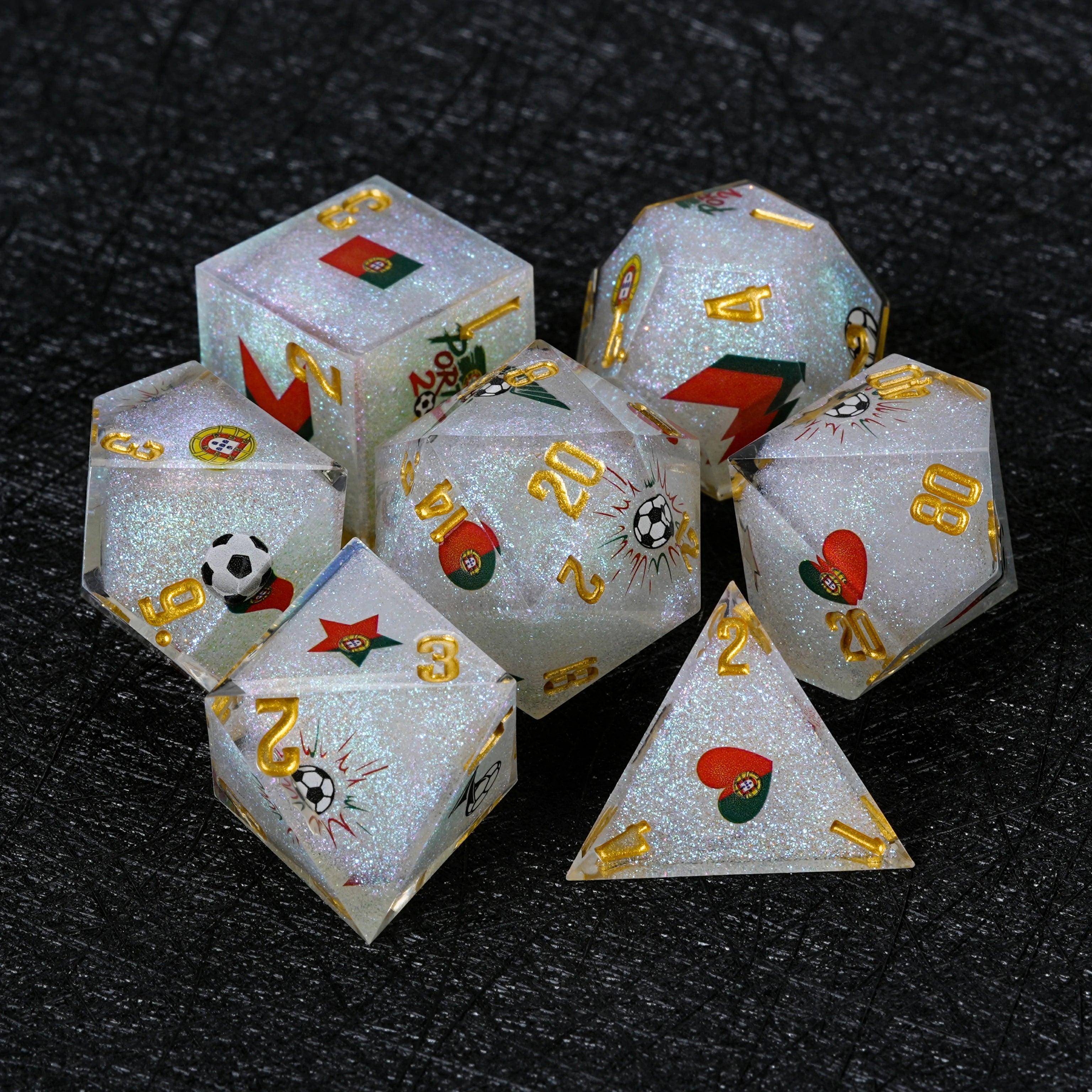 Portugal Soccer Resin DND Dice Set | White Glitter World Cup Kickstarter Dice