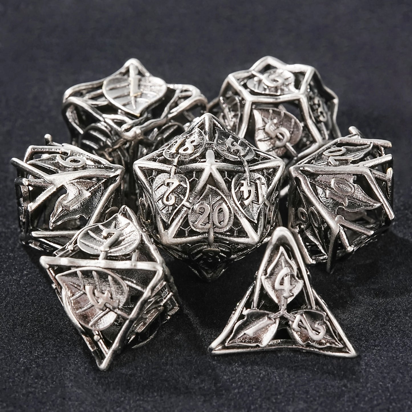 Bright Silver Metal Hollow Pattern Polyhedron Dice Set | Bear Dice