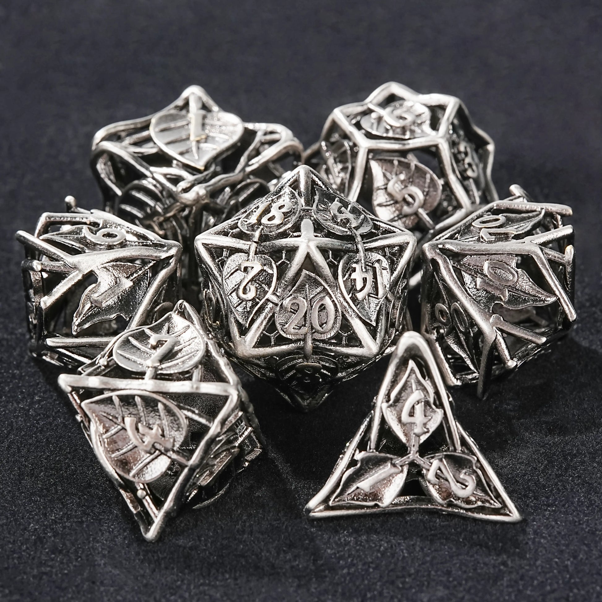 Bright Silver Metal Hollow Pattern Polyhedron Dice Set | Bear Dice