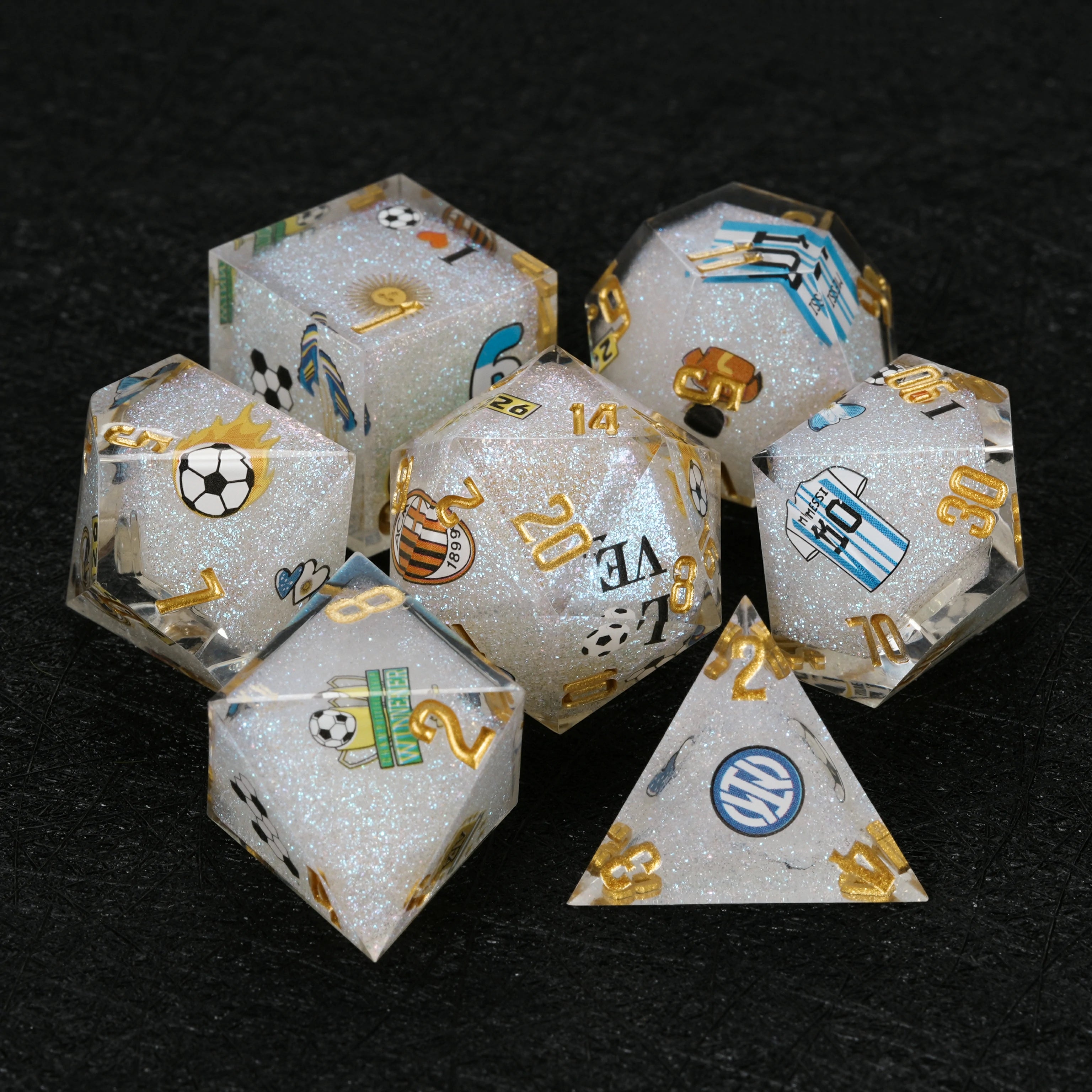 Argentina Soccer DND Dice Set | White Glitter Resin Dice for D&D RPG