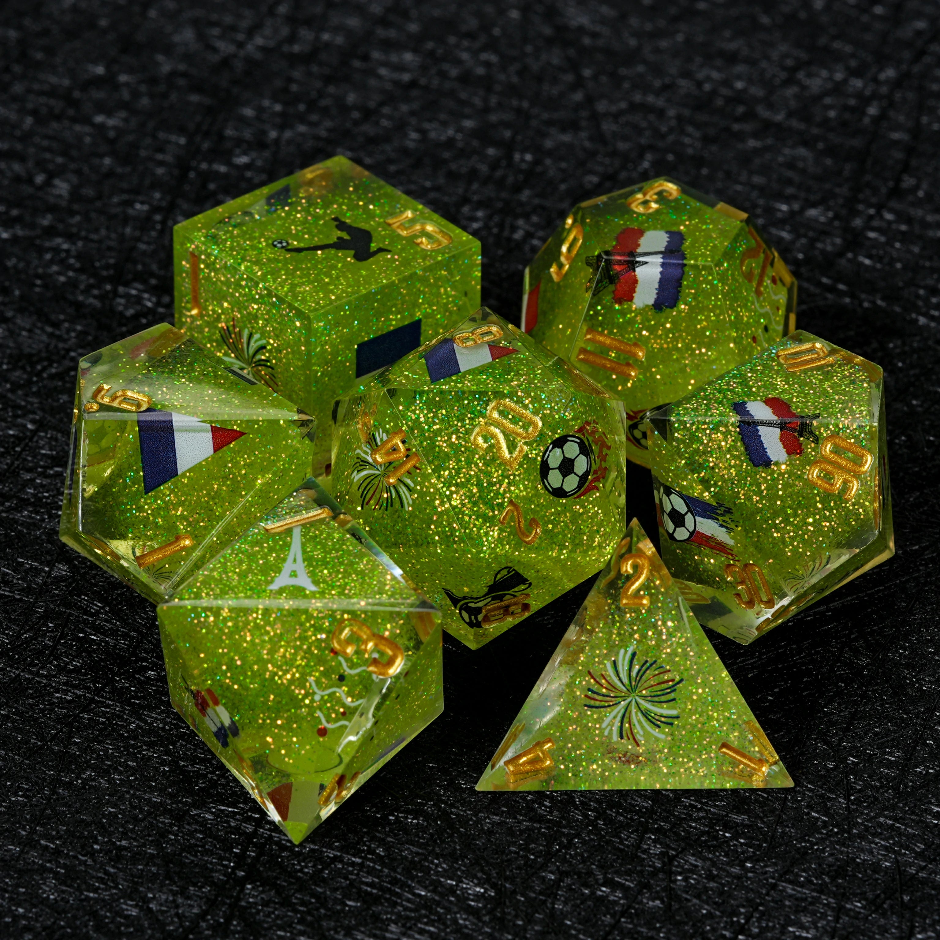 France Soccer DND Dice Set – World Cup Green Glitter Resin Dice for RPG