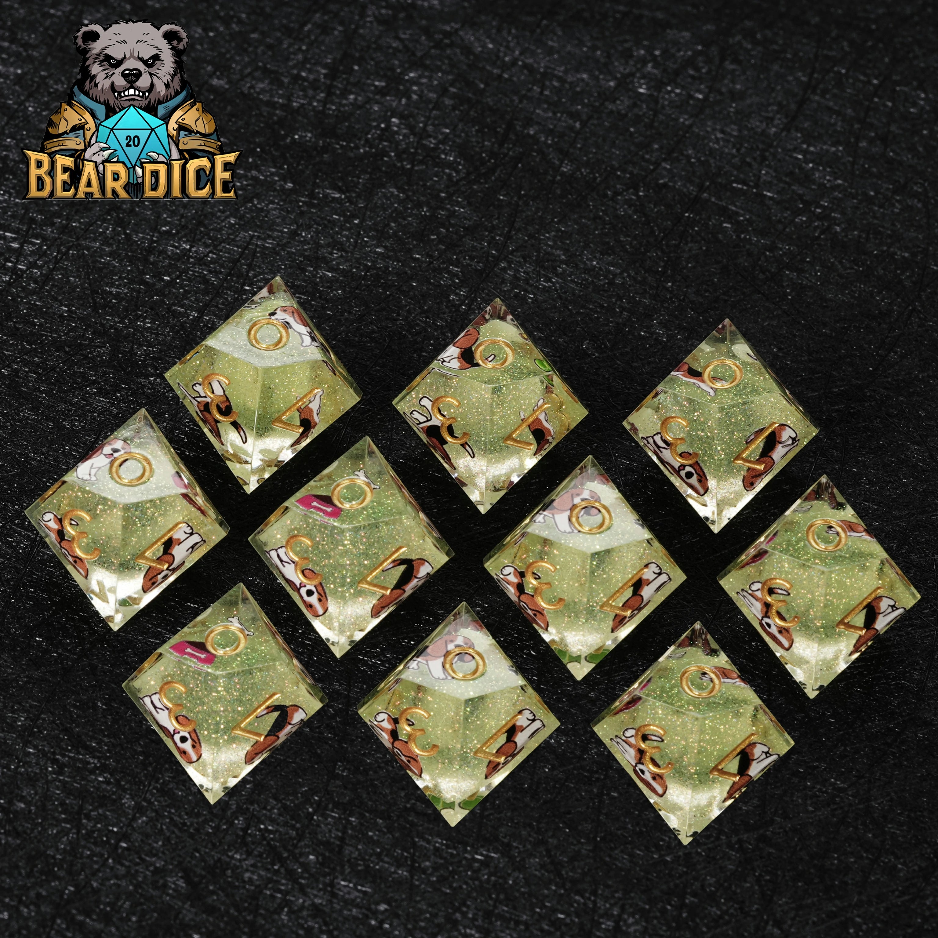 Beagle Green Glitter Resin DND Dice Set | 7-Piece Polyhedral RPG Dice