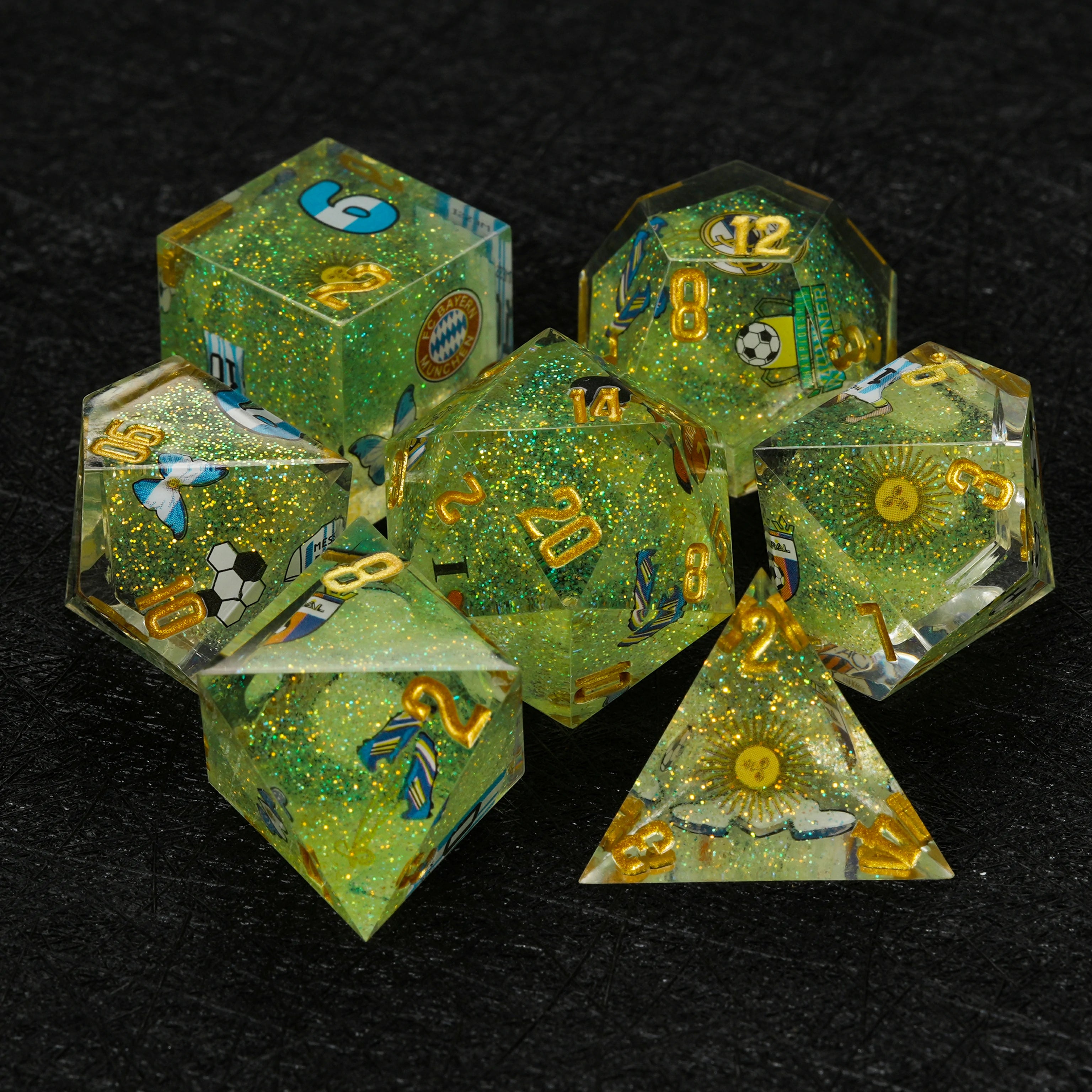 Kickstarter Dice World Cup Argentina Soccer DND Resin Dice Set – Green Glitter