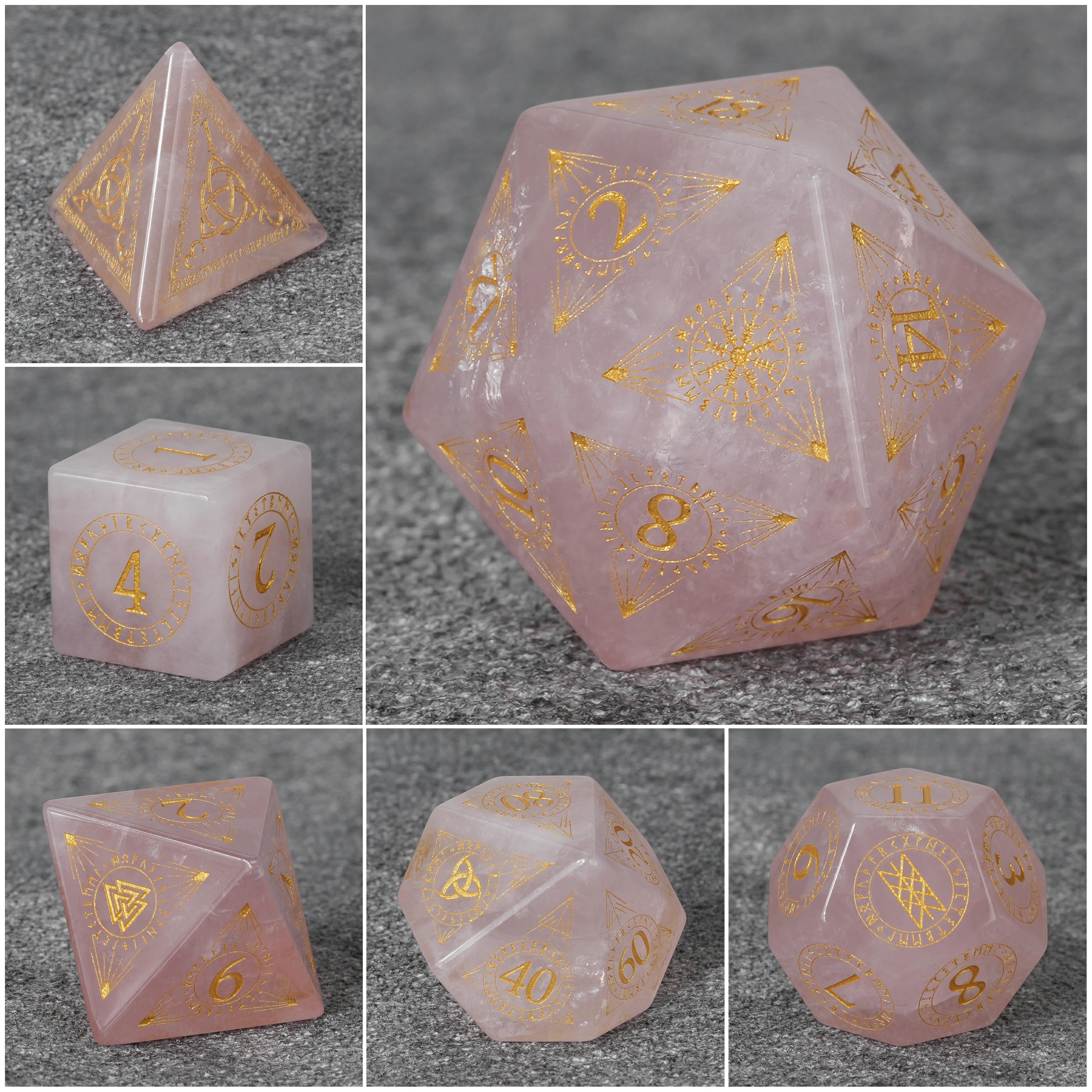 Rose Quartz Gemstone Dice Set with Gold Magical Runes