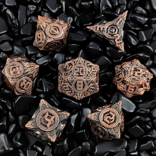 Antique Red Copper Solid Metal DND Dice Set Flying Saucer Elements | Bear Dice