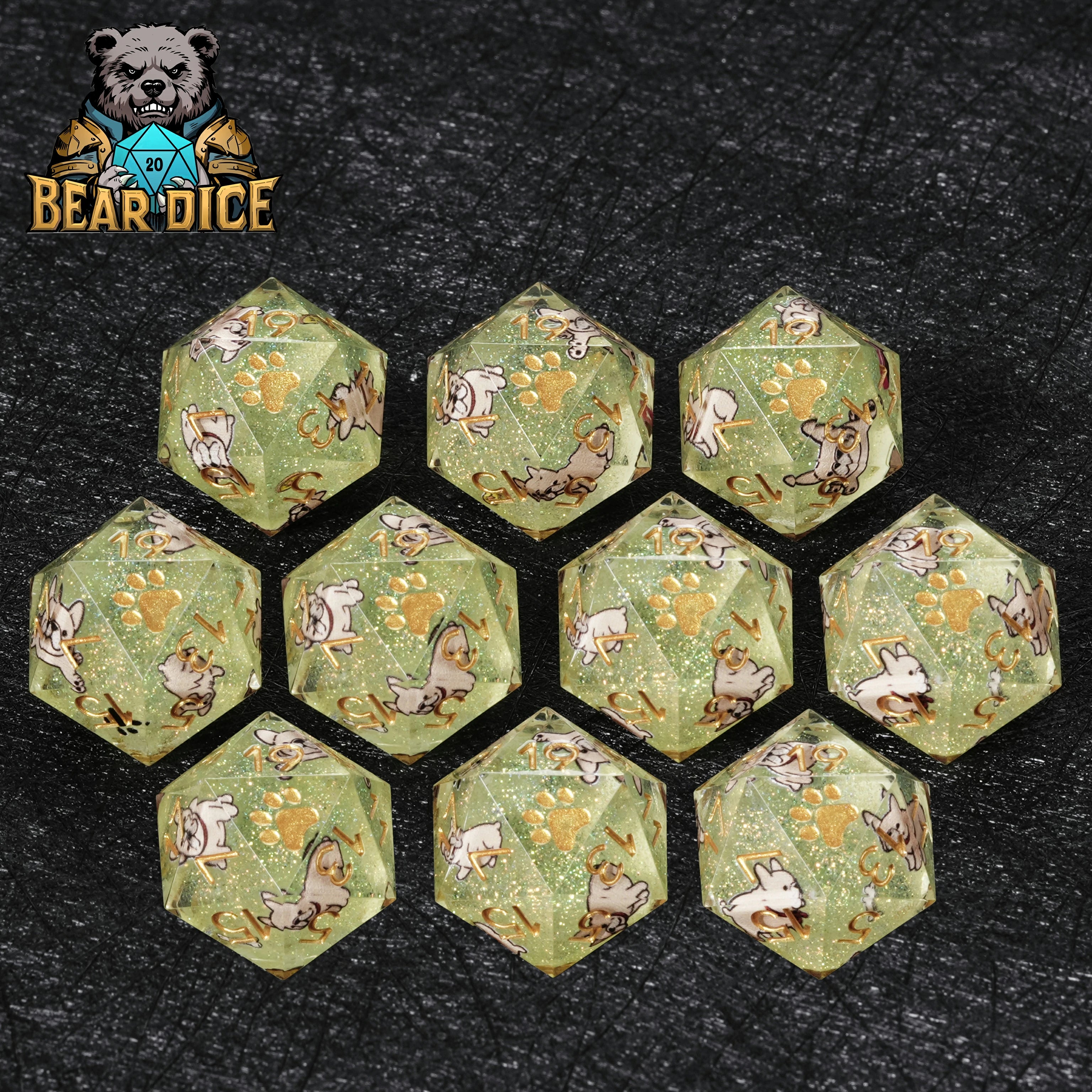 Bulldog Green Glitter Resin D&D D20 Dice | Single D20 for RPG