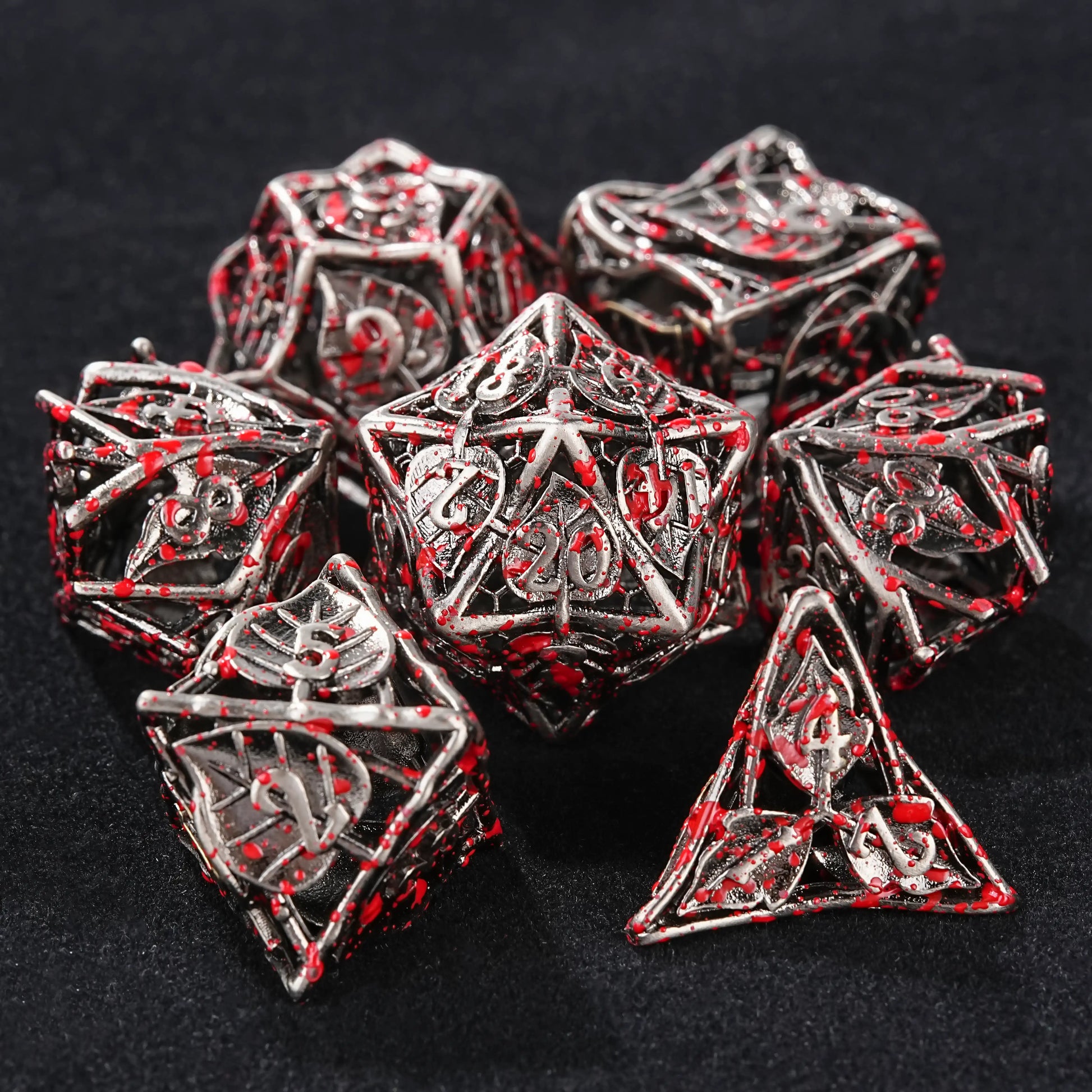 Blood-stained hollow design multi-sided metal dnd dice for running groups | Bear Dice