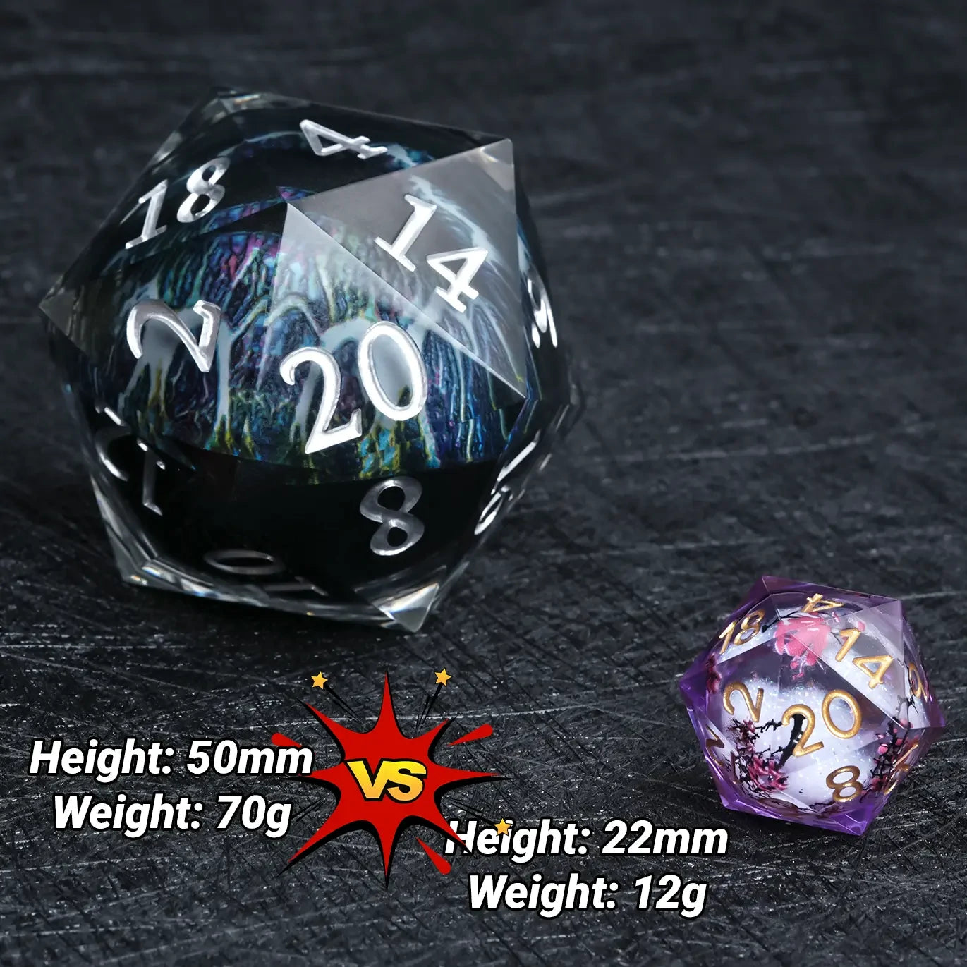 35mm Dragon Eye Liquid-Core Transparent Resin D20 Dice – White Numbers
