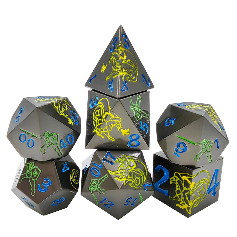 Yellow Dragon and Warrior Black Metal Solid DND Dice Set + Blue Font | Bear Dice