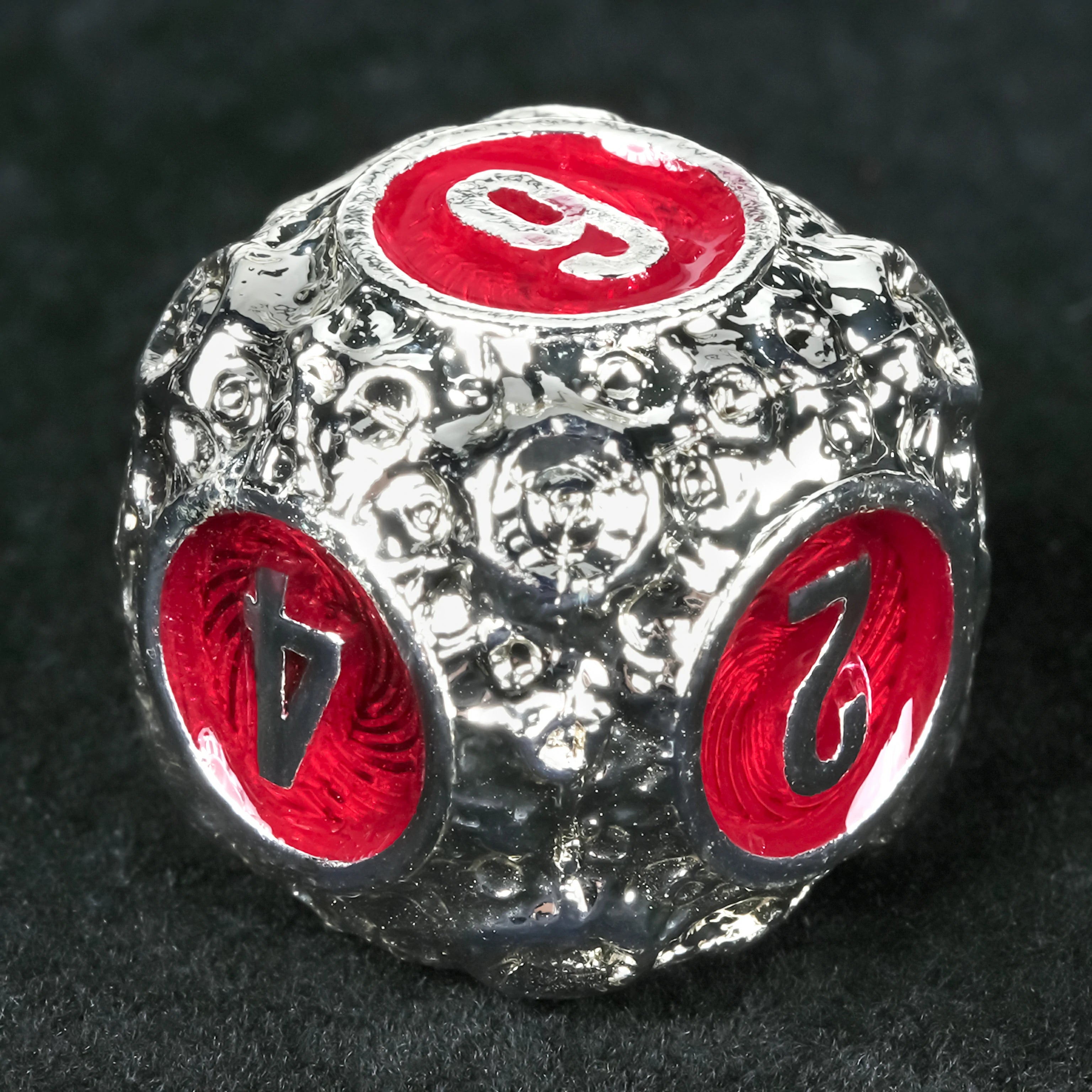 Spherical Planet Metal Dice Set – D20 and D10 ball dice with red enamel and silver finish
