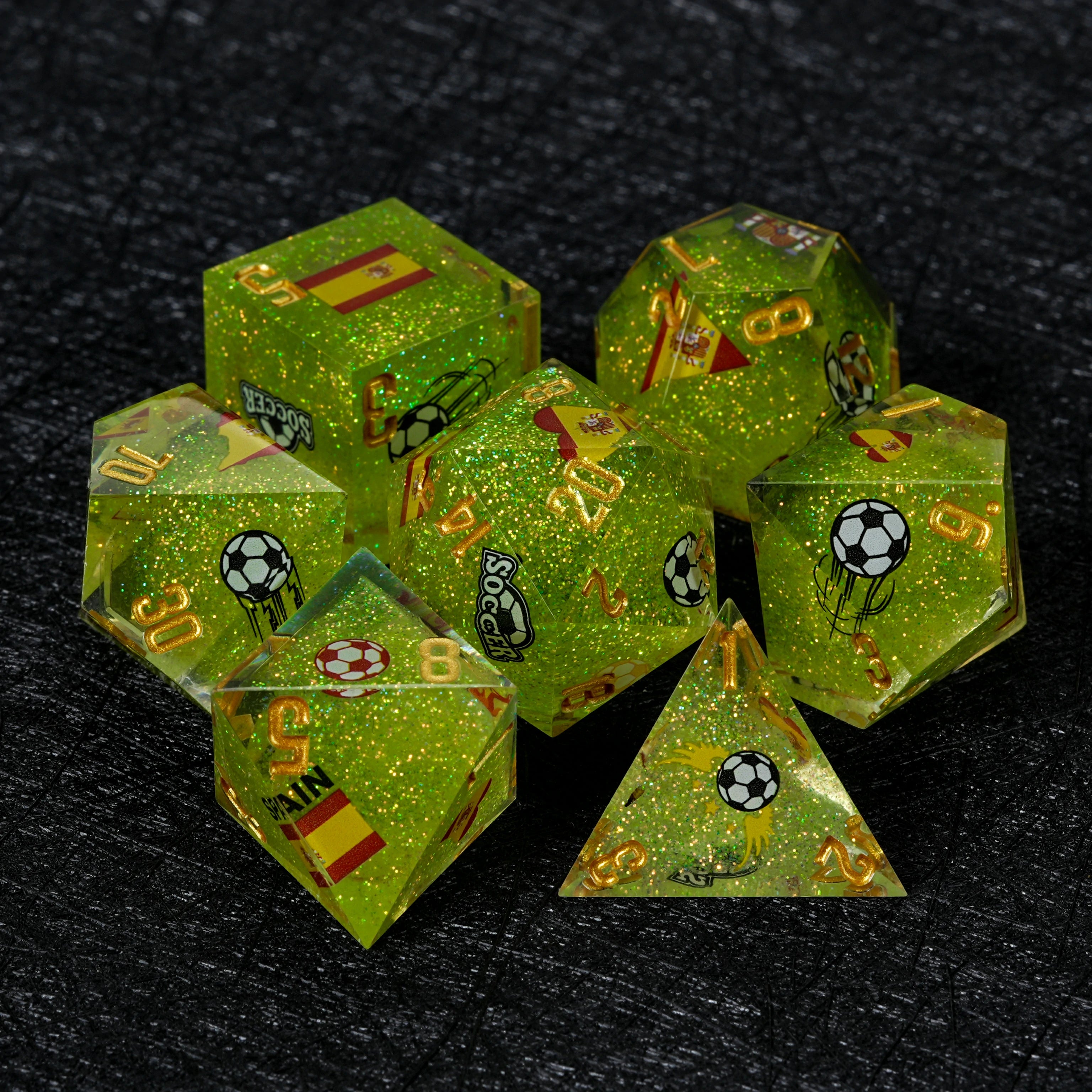 Spain Soccer Resin DND Dice Set – World Cup Green Glitter D&D Dice